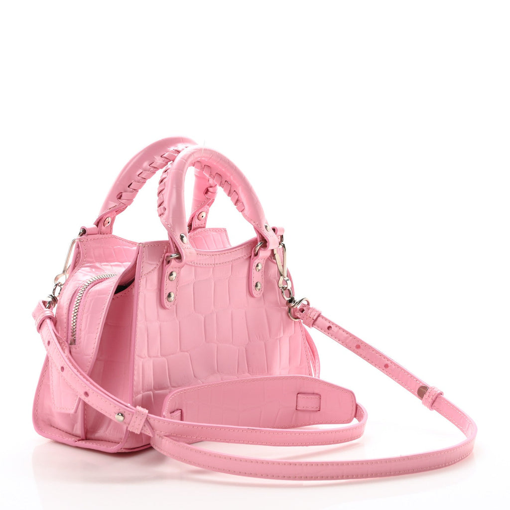 Semi Shiny Calfskin Crocodile Embossed Neo Classic Silver Hardware Mini City Pink