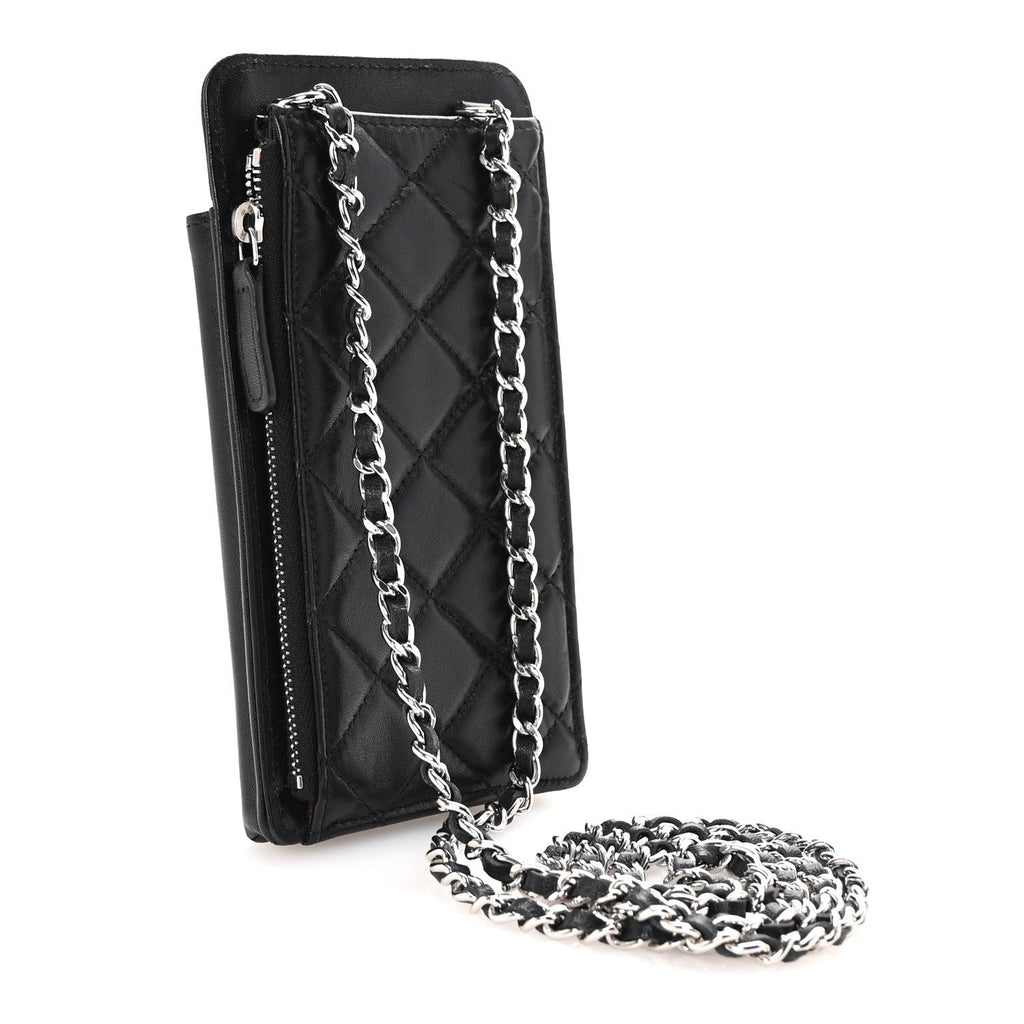 Lambskin Quilted Zip Phone Case Black