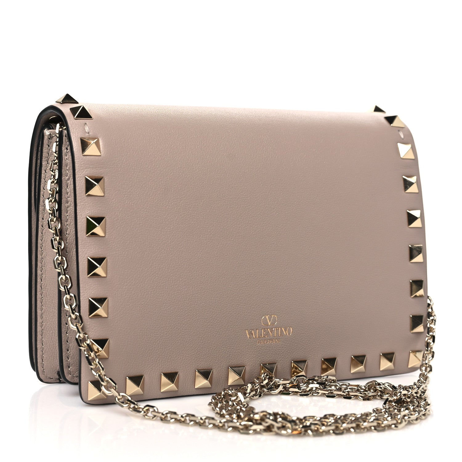 Pebbled Calfskin Rockstud Wallet On Chain Poudre