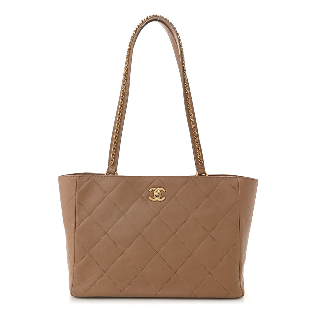 Calfskin Quilted Chain Shopping Tote Beige