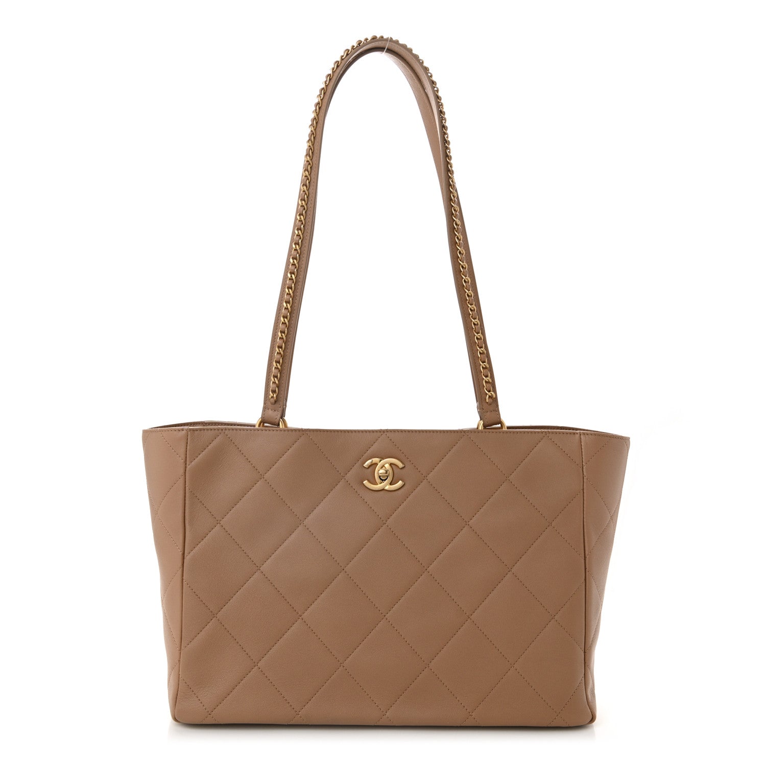 Calfskin Quilted Chain Shopping Tote Beige