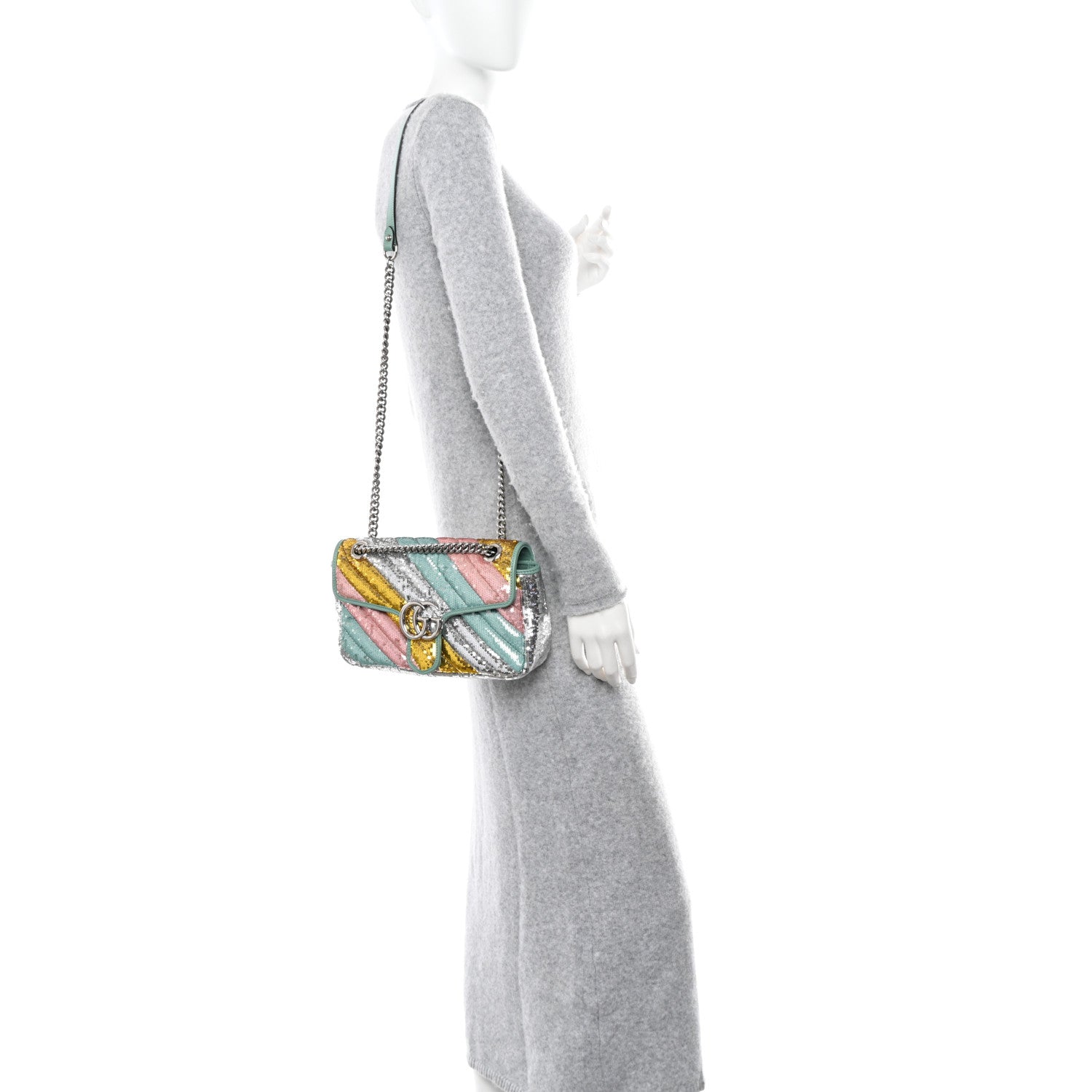 Sequin Satin Calfskin Matelasse Diagonal Small GG Marmont Shoulder Bag Grigio Argento Verde Chiaro Rosa Giallo Light Water Green