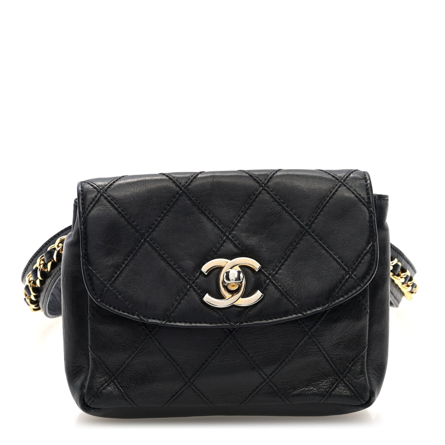 Calfskin Quilted Flap Waist Belt Bag Black