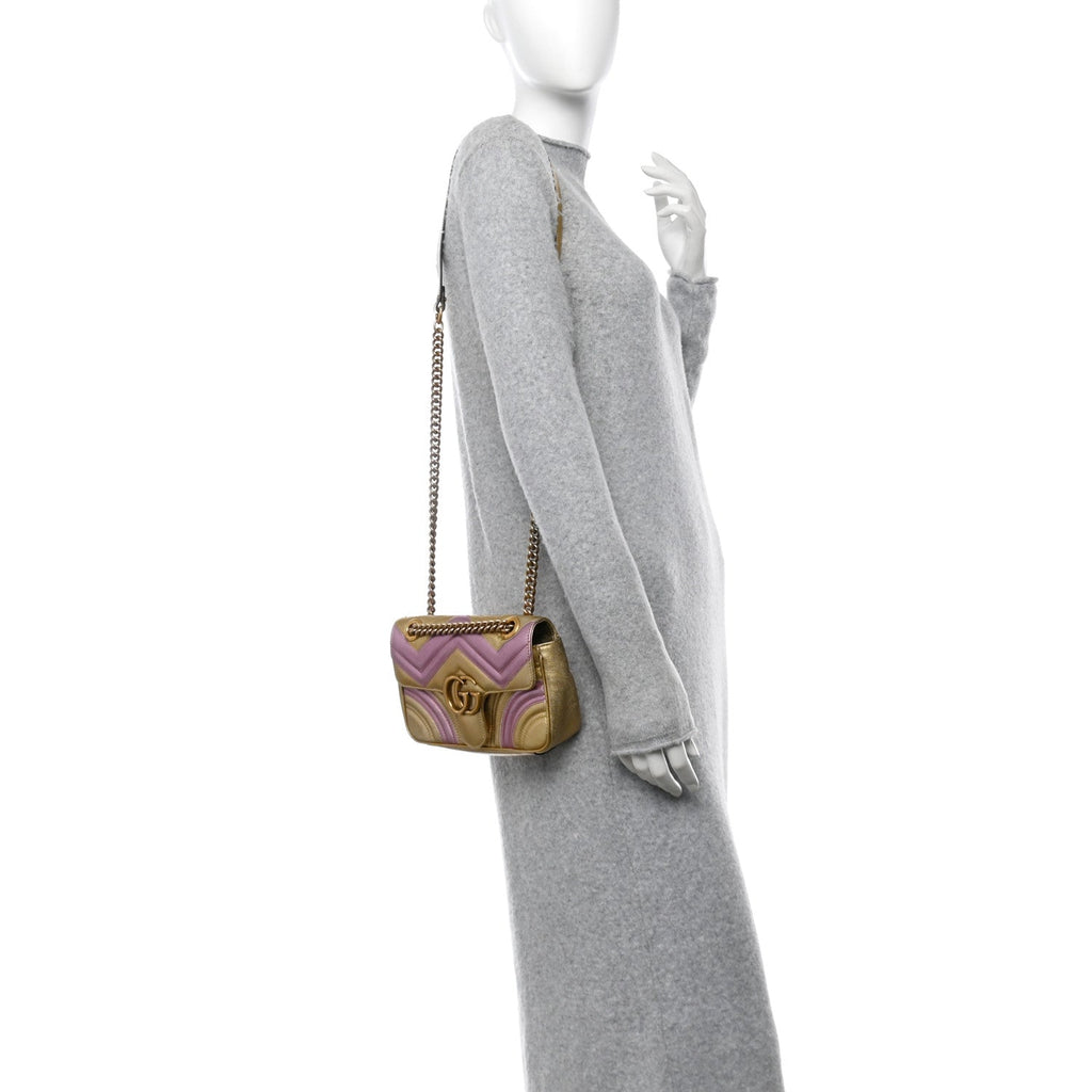 Metallic Calfskin Matelasse Mini GG Marmont Shoulder Bag Gold Pink
