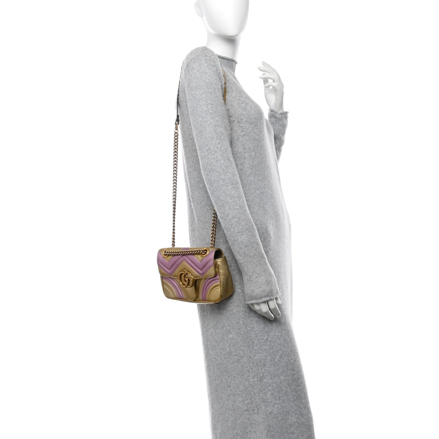 Metallic Calfskin Matelasse Mini GG Marmont Shoulder Bag Gold Pink