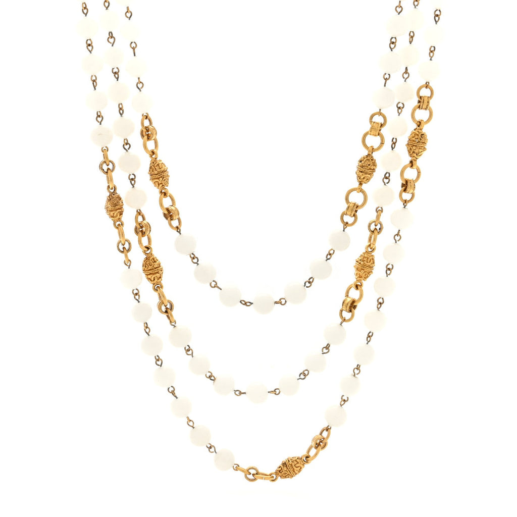 Marble Bead CC Long Necklace Gold White