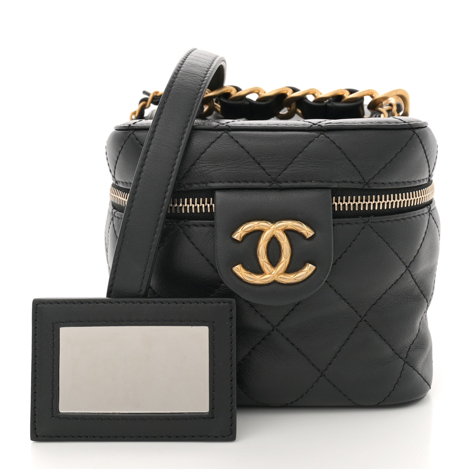 Calfskin Quilted Small Vanity Case With Chain Black