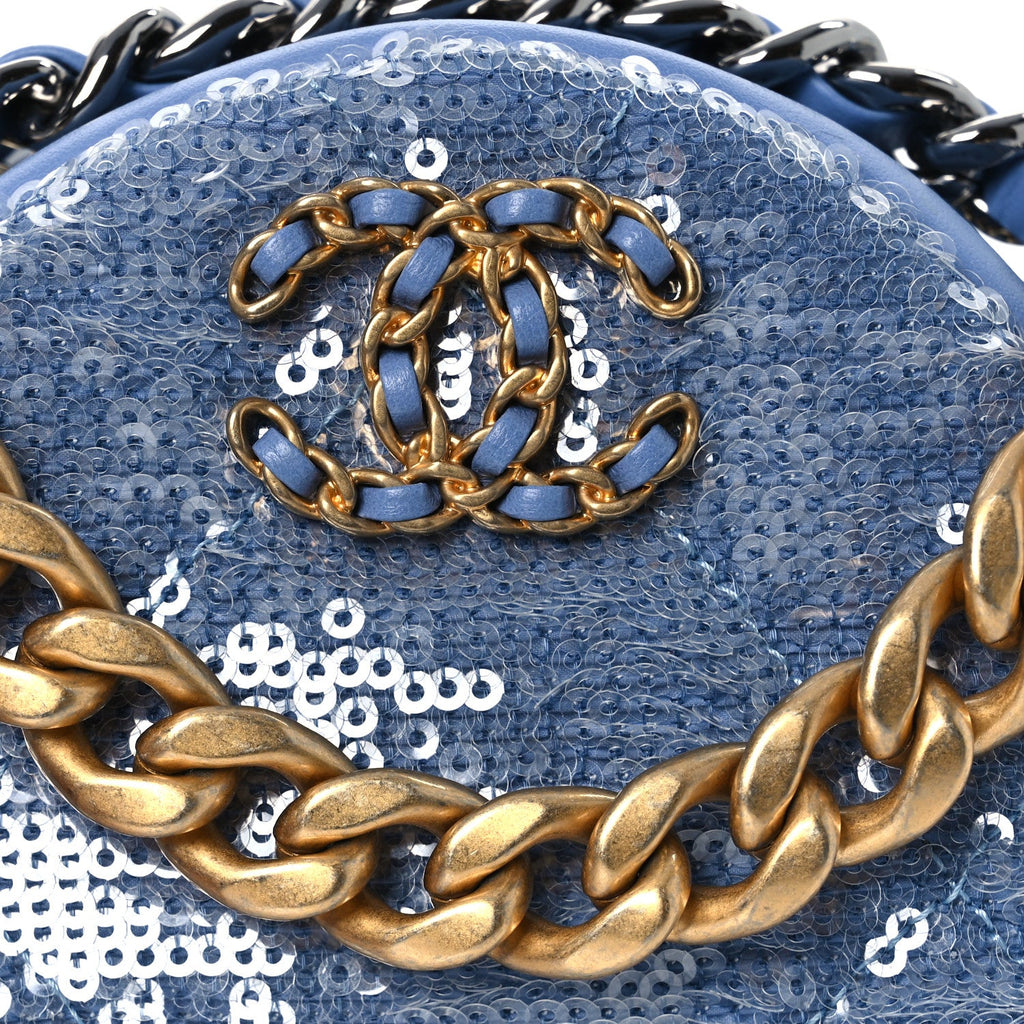 Sequin Chanel 19 Round Clutch With Chain Light Blue