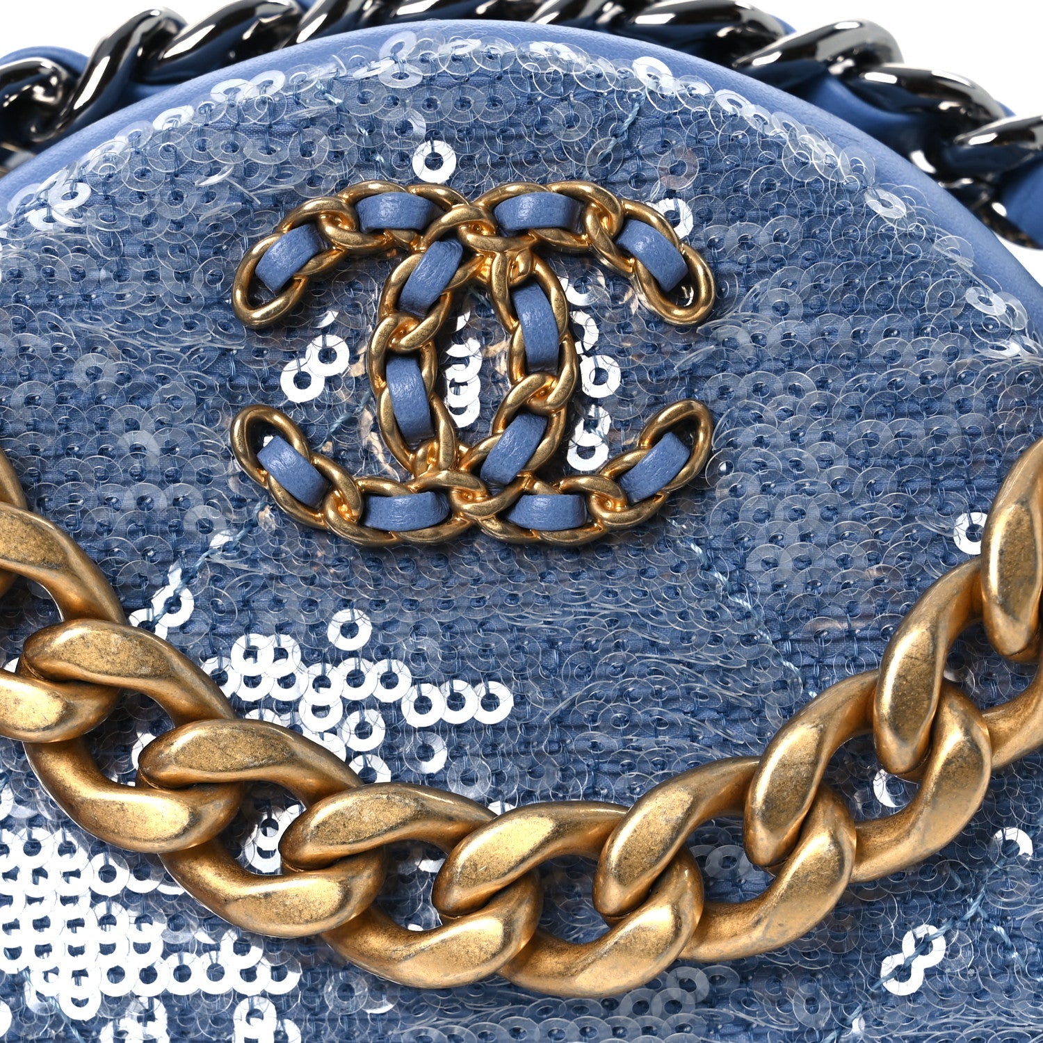 Sequin Chanel 19 Round Clutch With Chain Light Blue