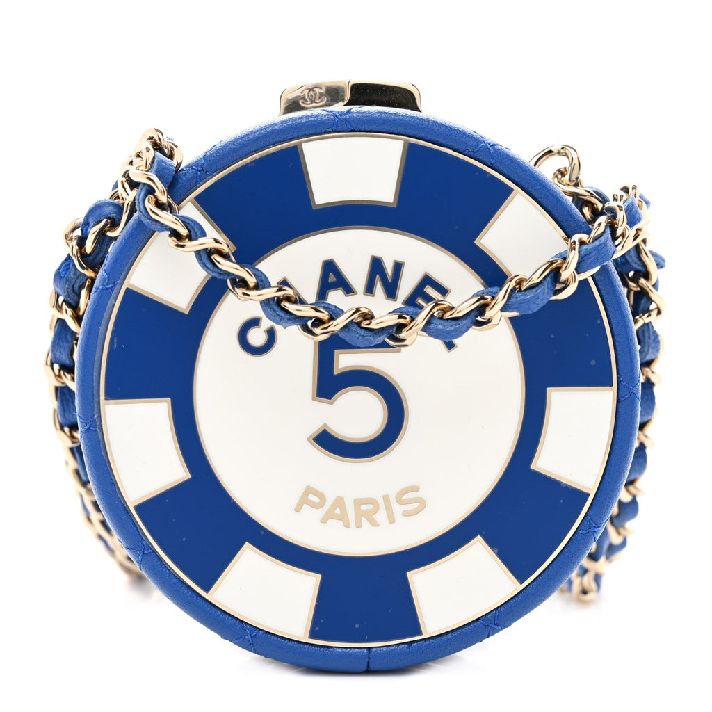Lambskin Enamel Quilted Round Poker Chip Clutch With Chain Blue White