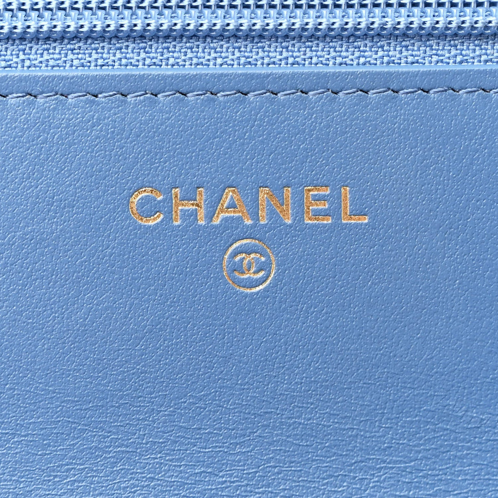 Denim Quilted Chanel 19 Wallet On Chain WOC Blue