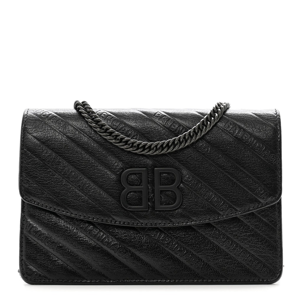 Shiny Goatskin Logo Embossed Monochrome BB Wallet On Chain Black