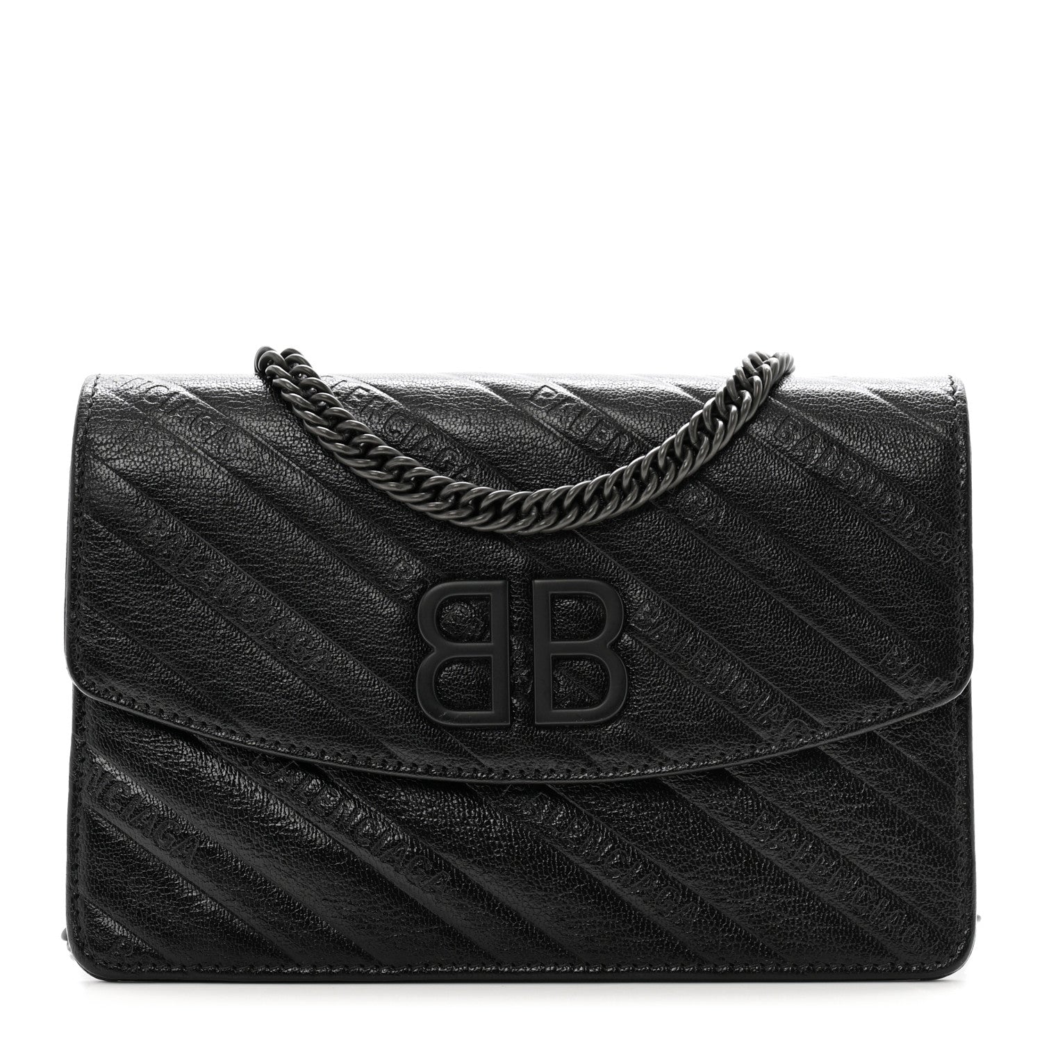 Shiny Goatskin Logo Embossed Monochrome BB Wallet On Chain Black