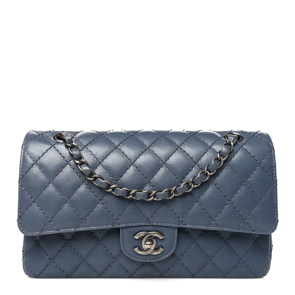 Caviar Quilted Medium Double Flap Grey
