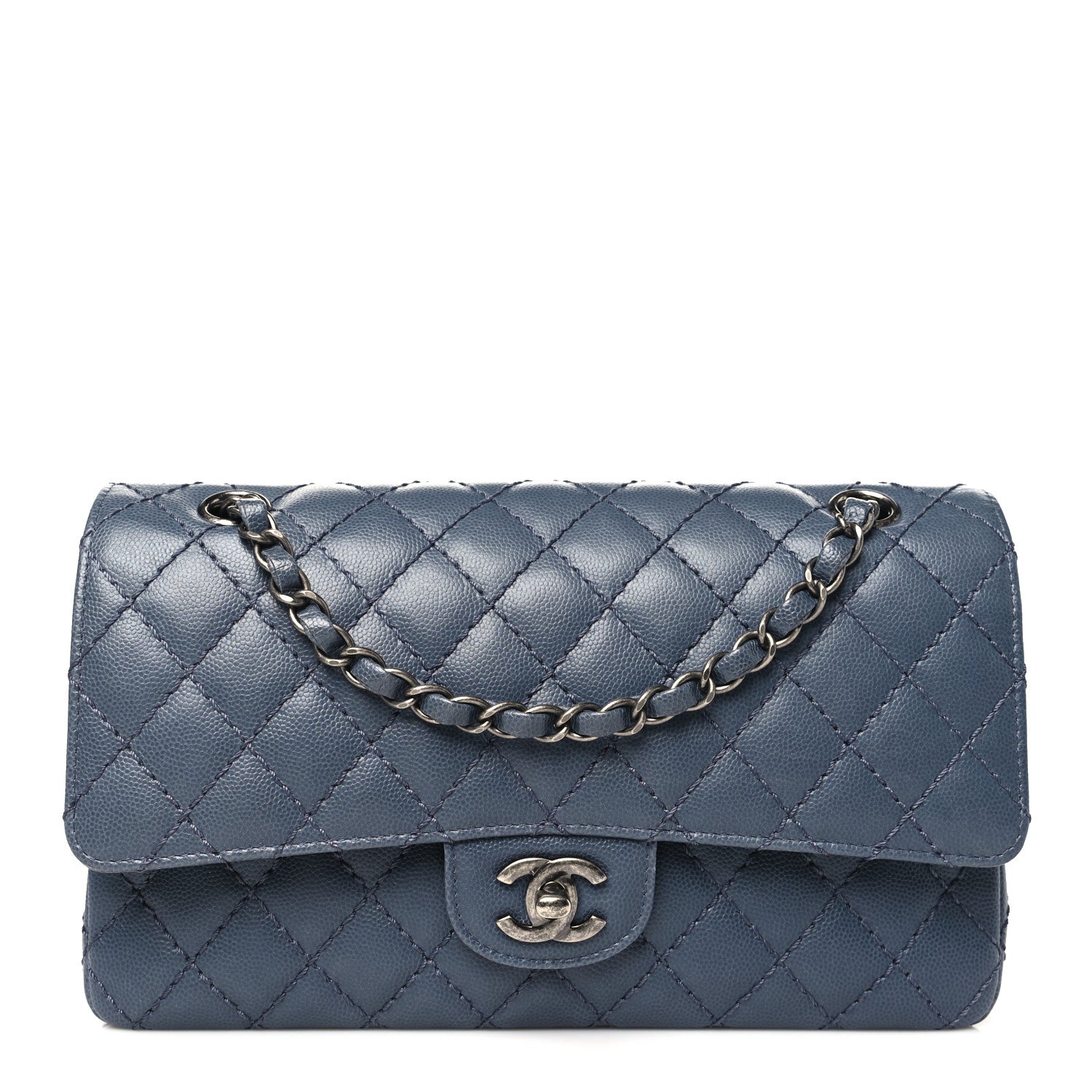 Caviar Quilted Medium Double Flap Grey