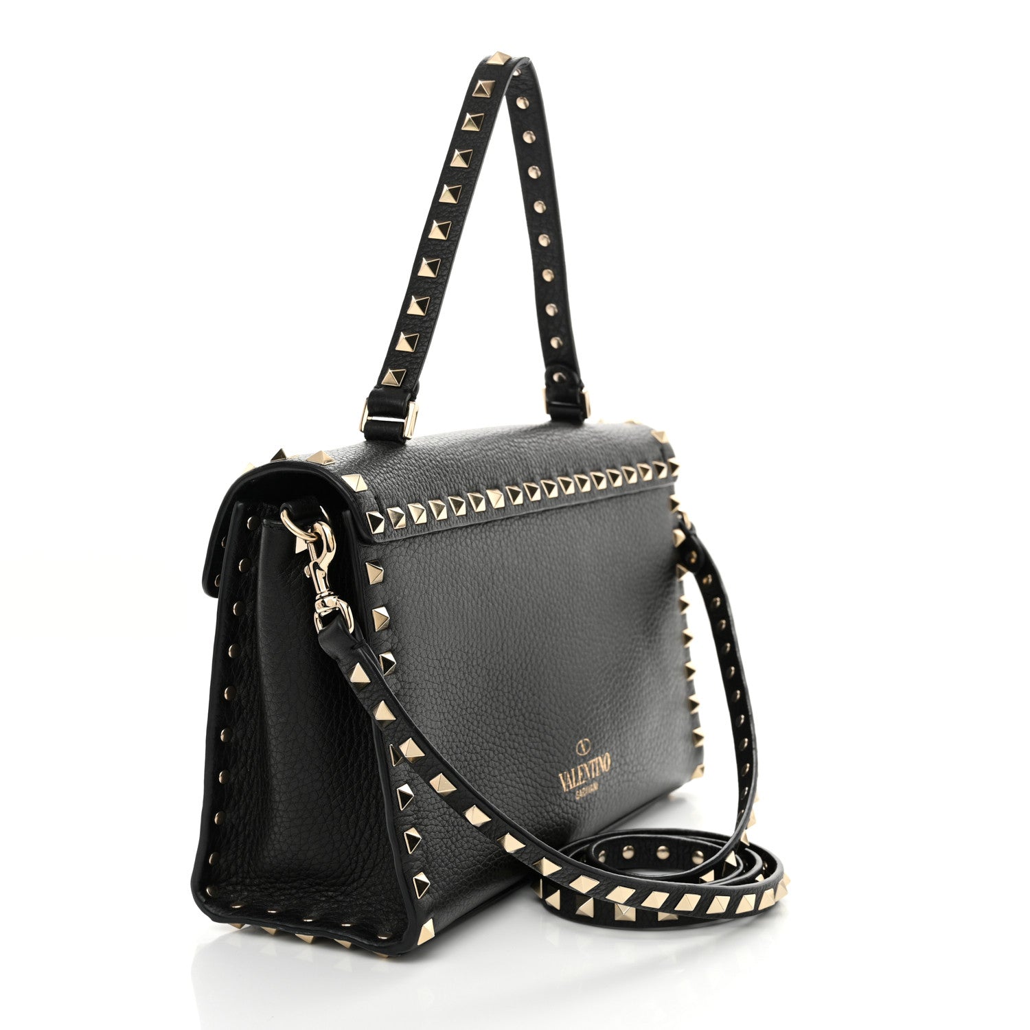 Pebbled Calfskin Rockstud Flip Lock Top Handle Bag Black
