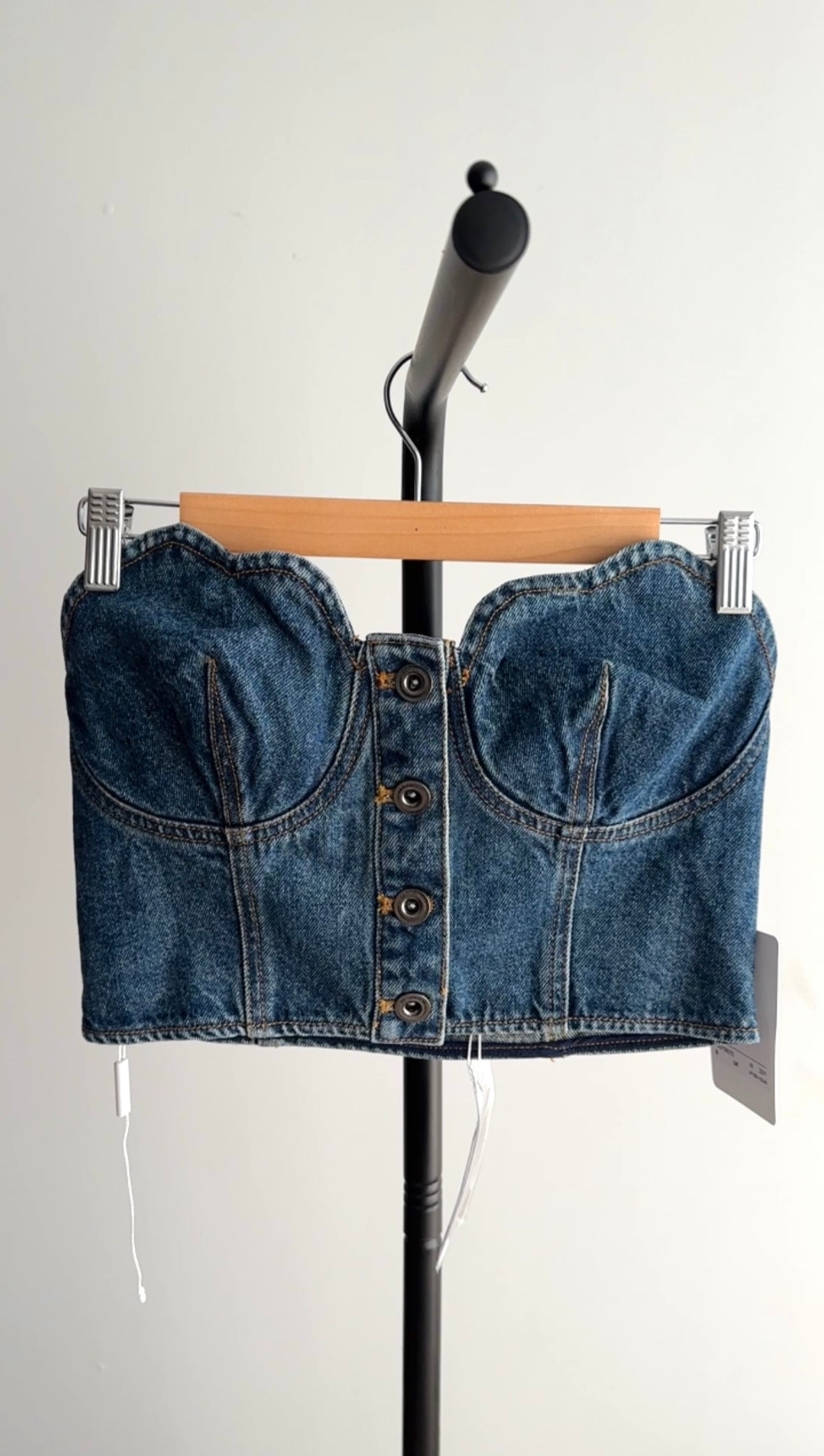 Self Portrait Bandeau Denim Crop Top with Scalloped Edge - 4