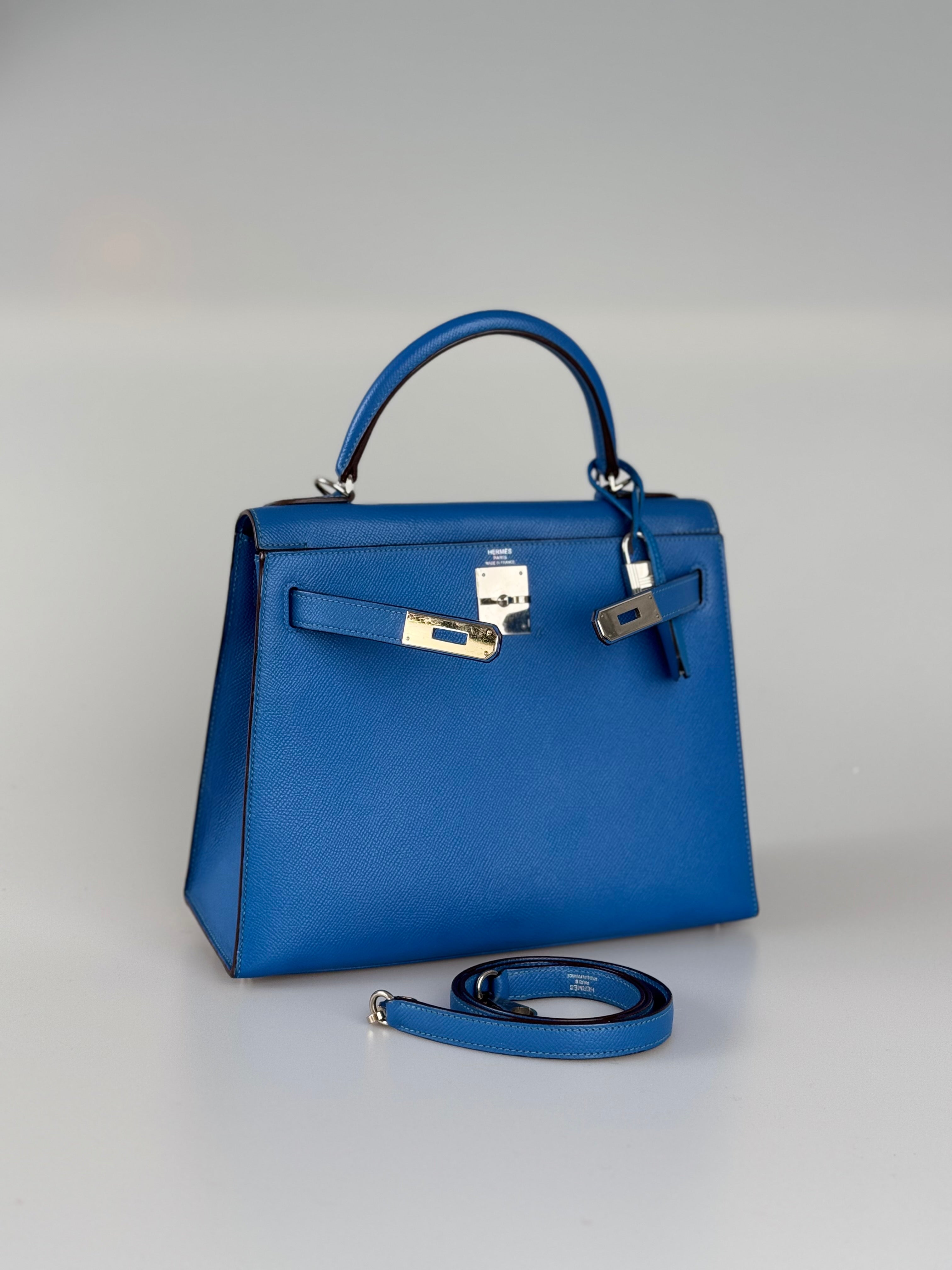 Hermes Kelly 28cm Sellier Bag In Blue Epsom Leather With Silver Hardware