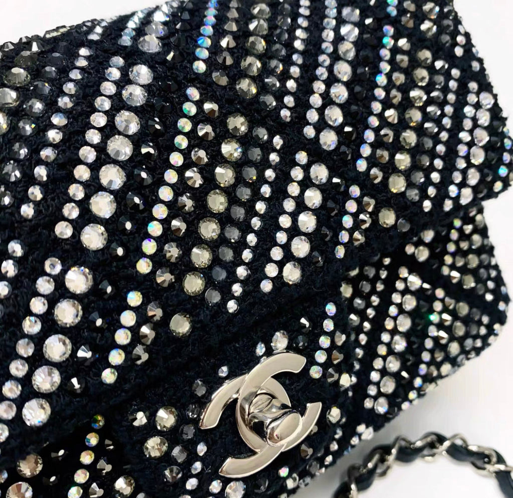 CHANEL 22A tweed, diamantés & silver metal black classic handbag