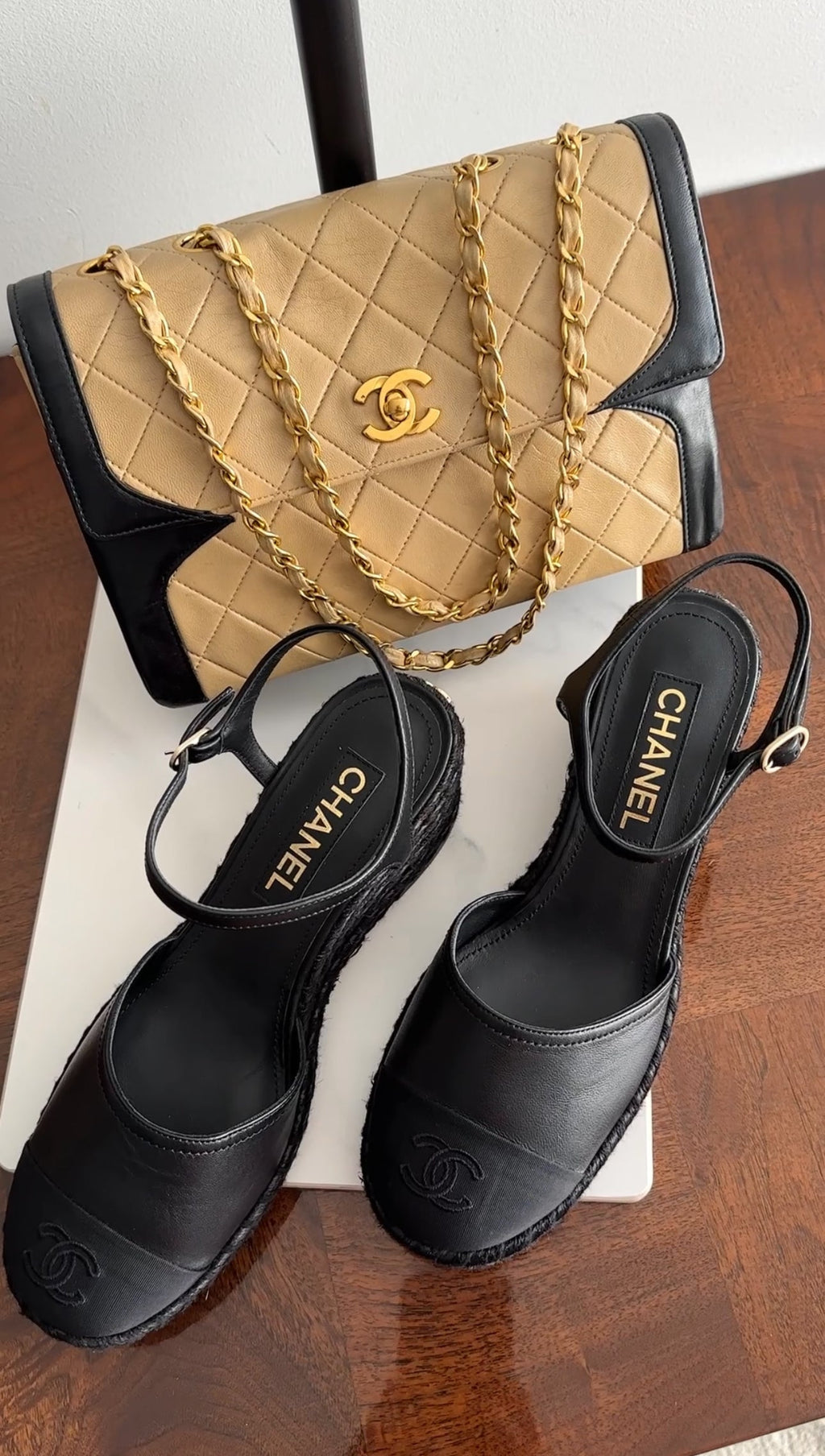 Chanel Vintage 1989 Beige and Black Two-Tone Medium Flap Bag