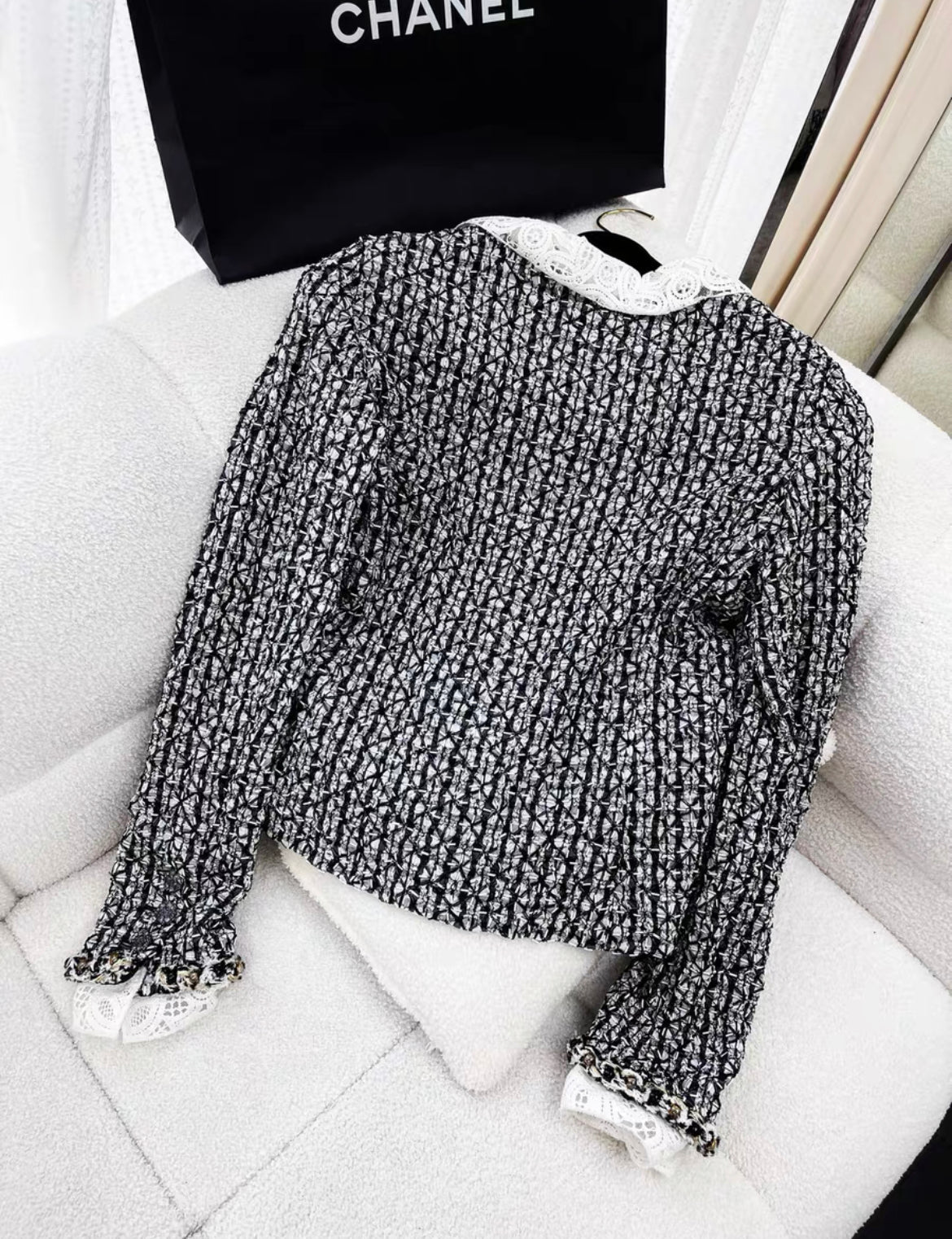 Chanel 23A tweed black and white collar jacket