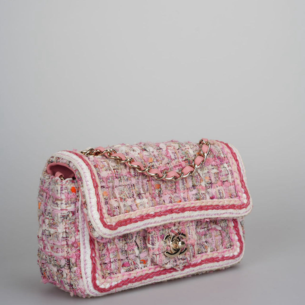 Chanel Tweed Classic Mini Flap Rectangle Bag in White and Pink with Gold Hardware