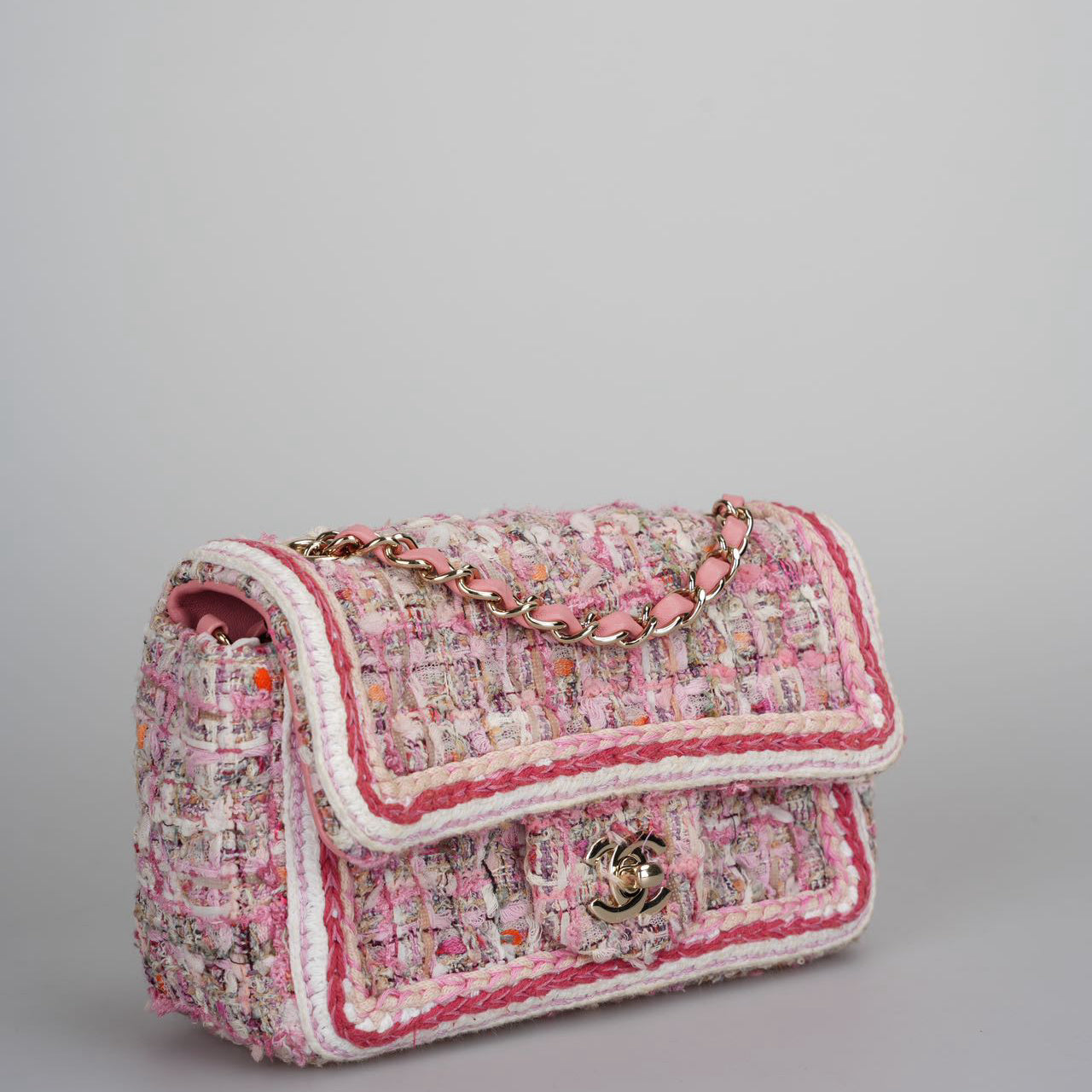 Chanel Tweed Classic Mini Flap Rectangle Bag in White and Pink with Gold Hardware