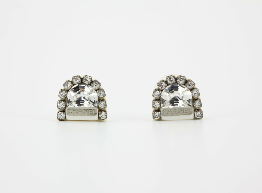 Chanel Vintage 00A Rhinestone White Ring Shape Stud Earrings