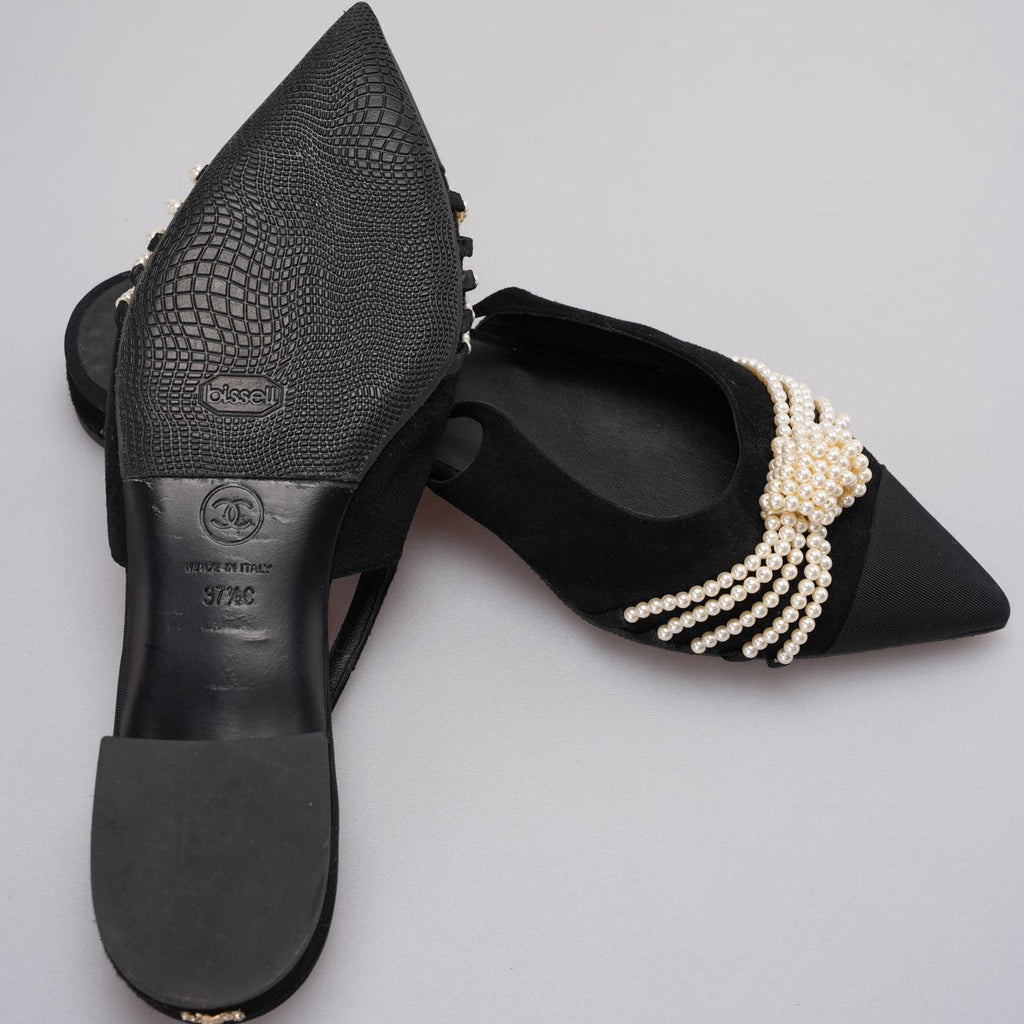 Chanel Slingback Satin Pearl Flats Black Size 37.5