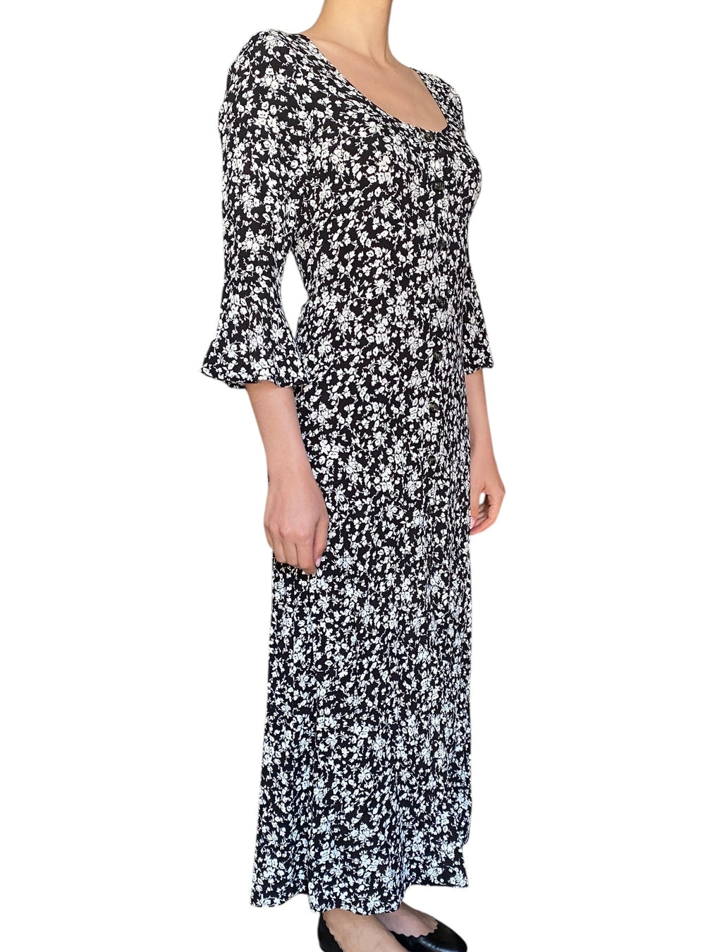 Ganni Black Floral Printed Longsleeve Maxi Dress - 34 / US 2