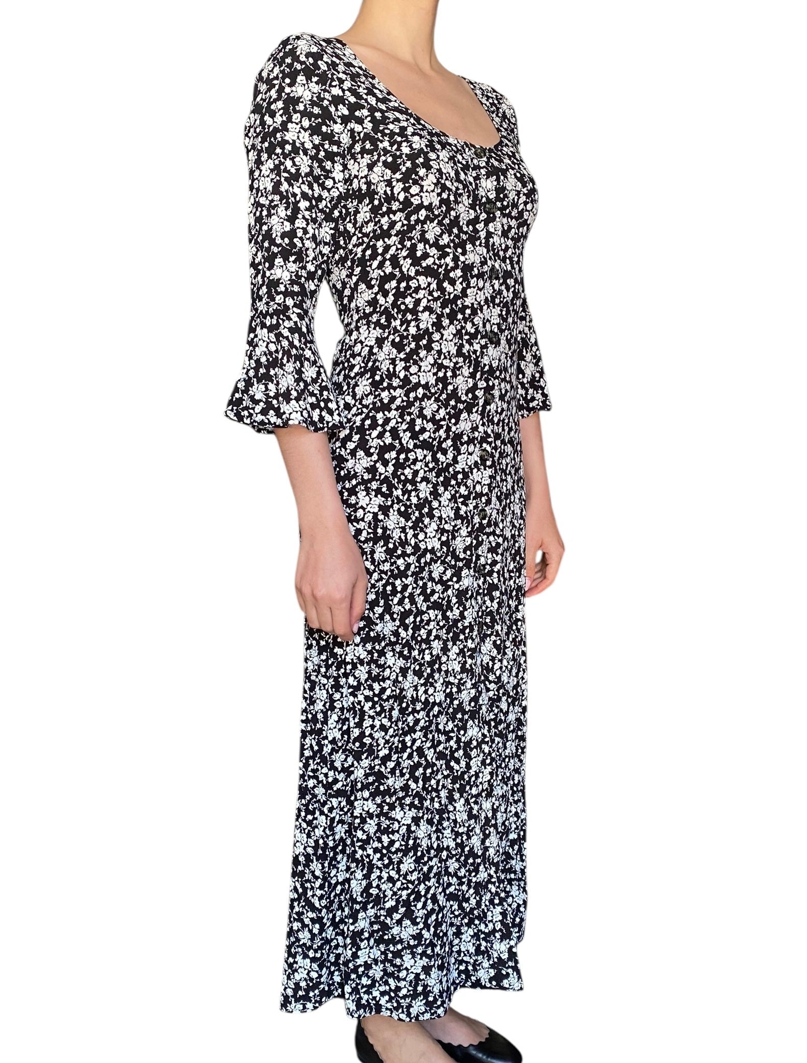 Ganni Black Floral Printed Longsleeve Maxi Dress - 34 / US 2