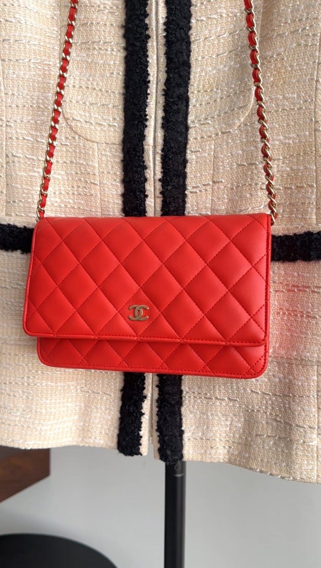 Chanel Red Quilted Leather Timeless Classic Wallet on Chain Bag