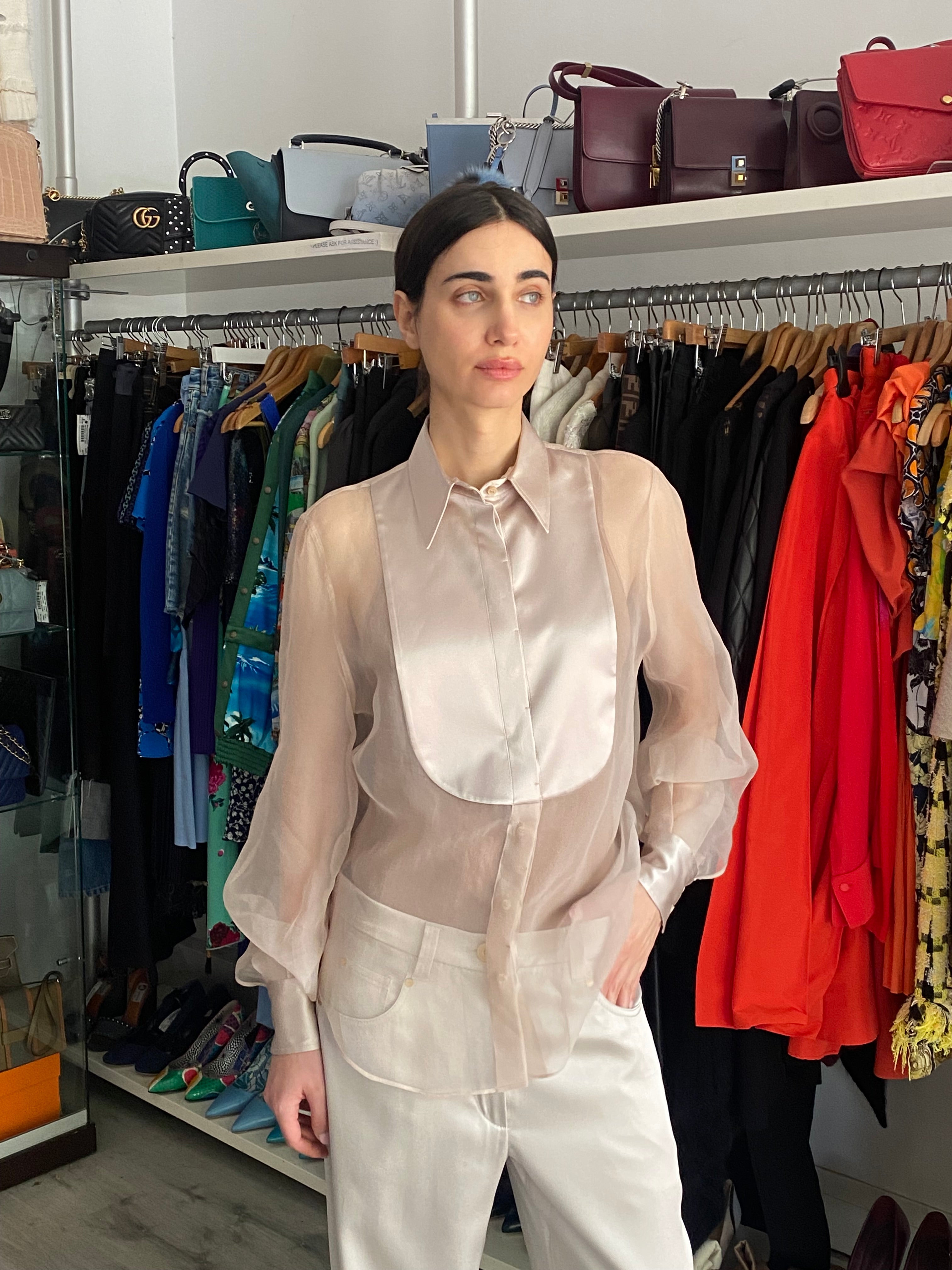 Brunello Cucinelli Beige Sheer Silk Tux Shirt - M