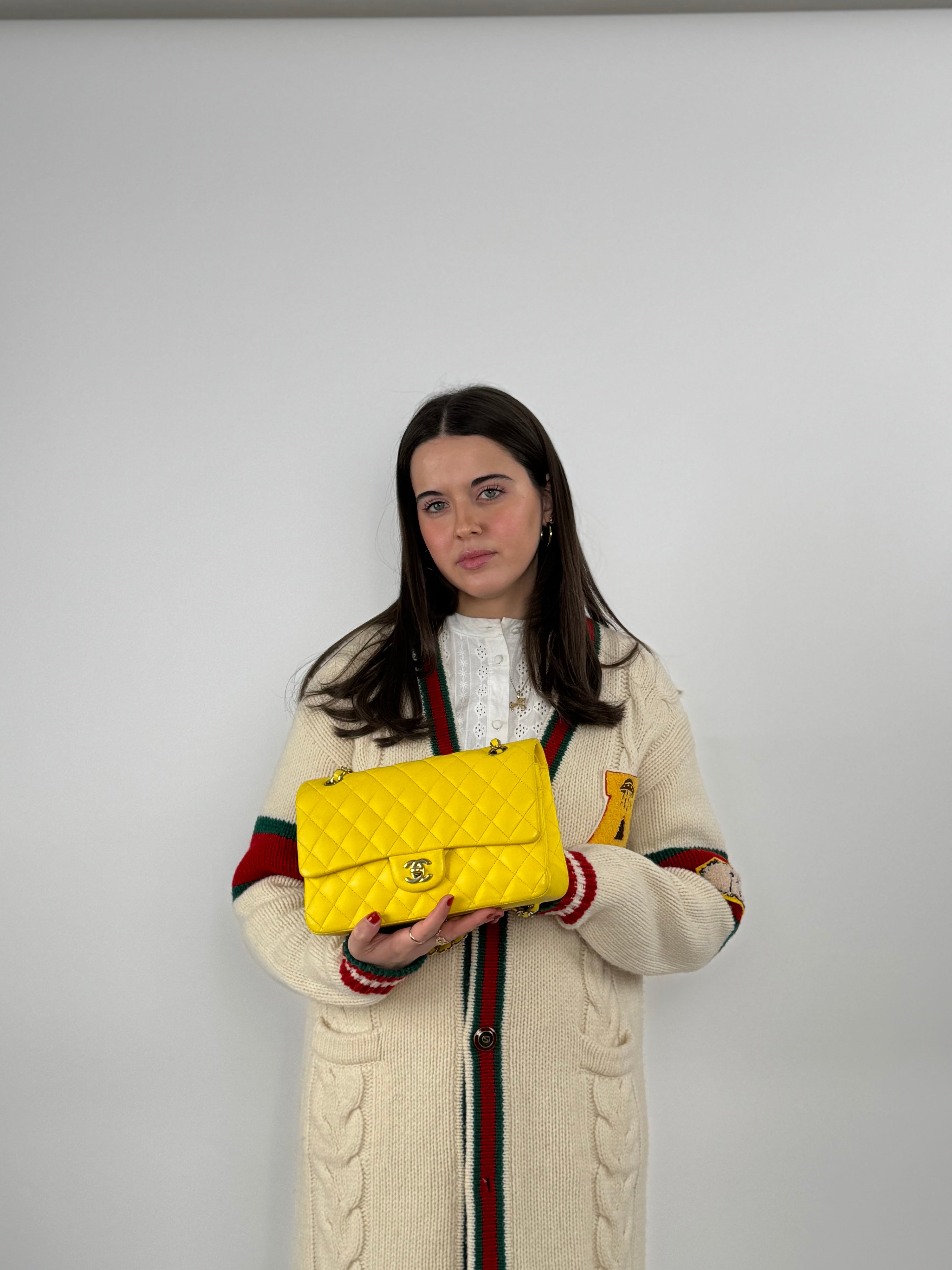 Chanel Yellow Classic Double Flap Bag Medium in Lambskin Leather with Silver Hardware