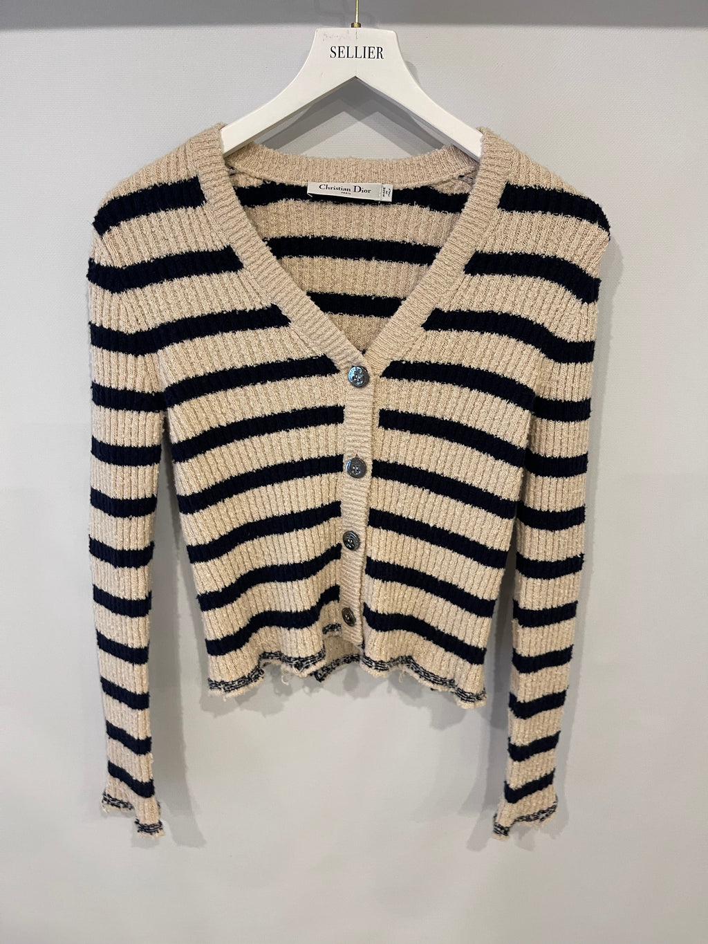 Christian Dior Cream and Navy Striped Knitted Cardigan and Top Set Size FR 36 (UK 8) RRP £2,100