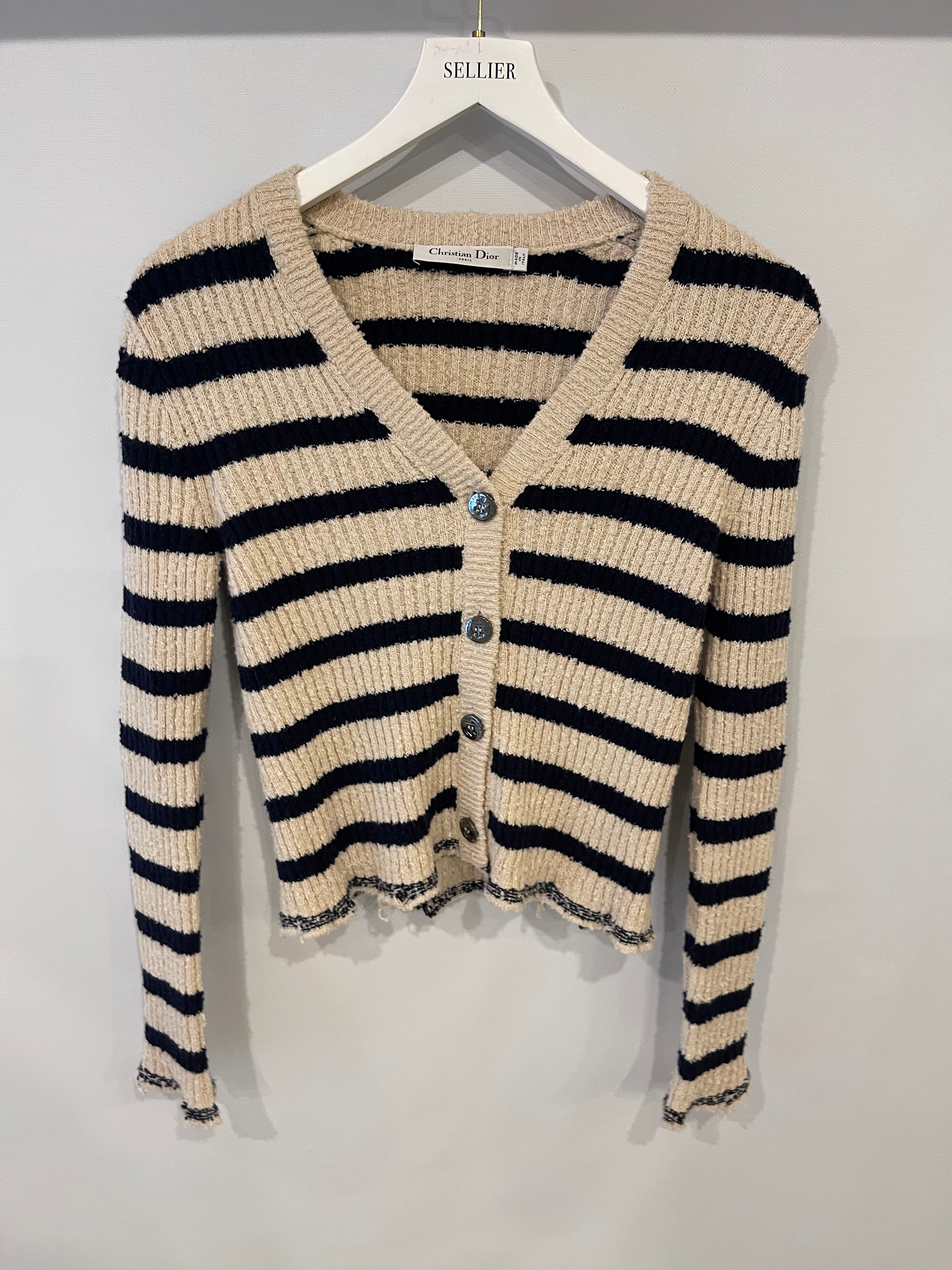 Christian Dior Cream and Navy Striped Knitted Cardigan and Top Set Size FR 36 (UK 8) RRP £2,100