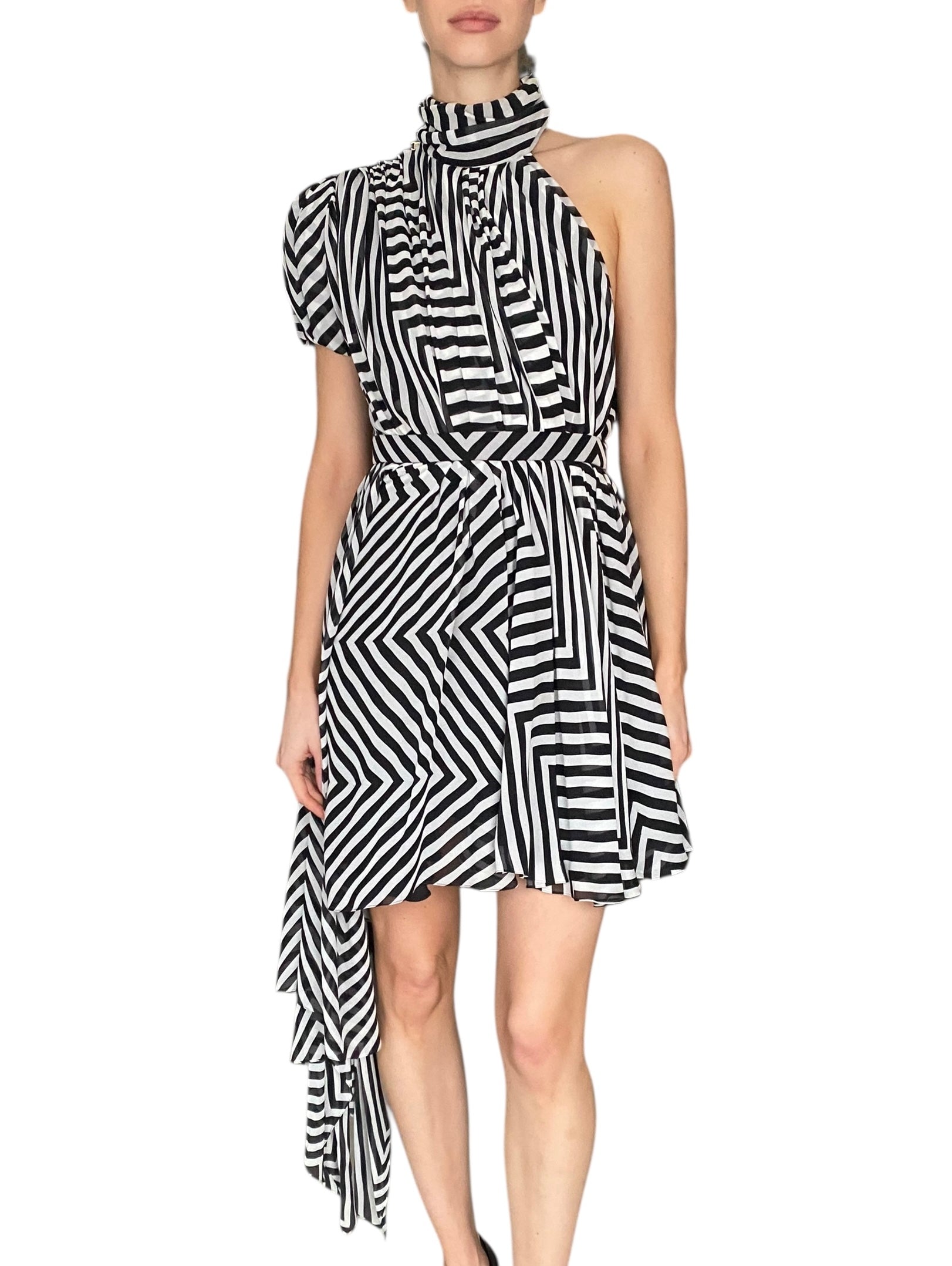 Saint Laurent Black & White Striped Asymmetrical Mini Dress - FR 38 / US 0-2