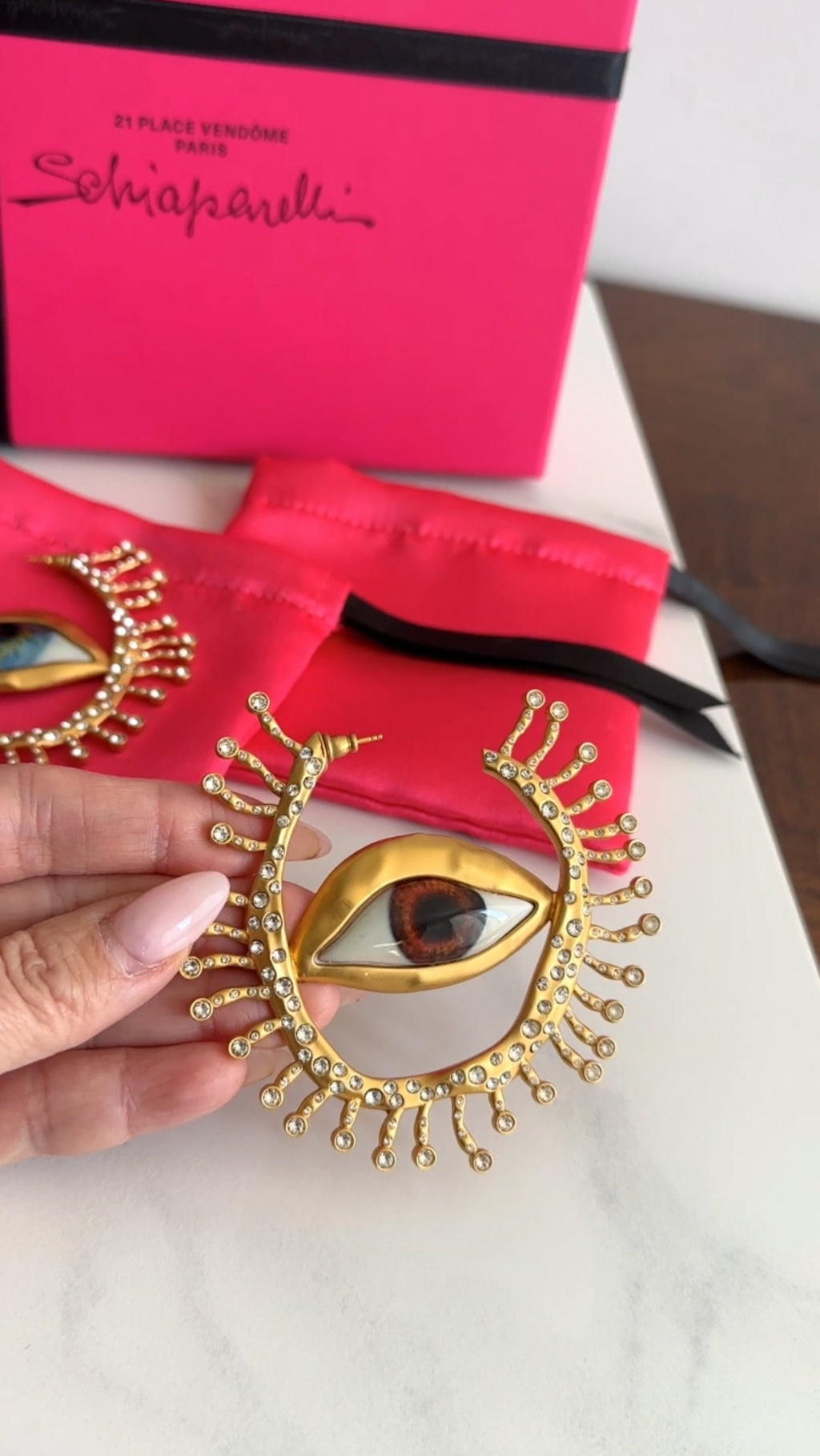 Schiaparelli Extra Large Enamel Eye Crystal Hoop Earrings