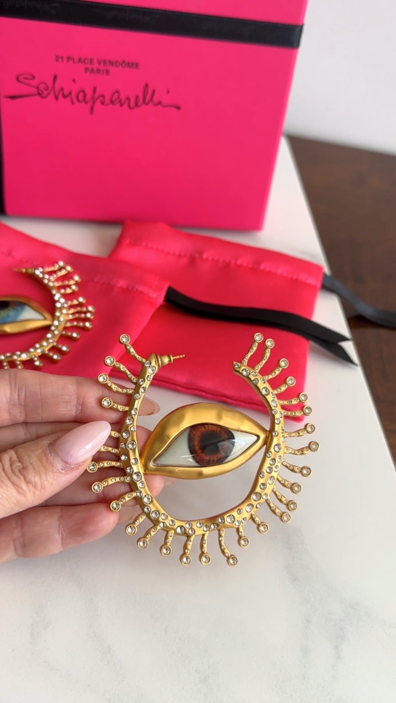 Schiaparelli Extra Large Enamel Eye Crystal Hoop Earrings