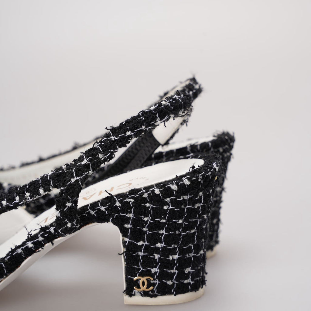 Chanel Black Tweed Slingback Pumps With White Cap Toe 38.5