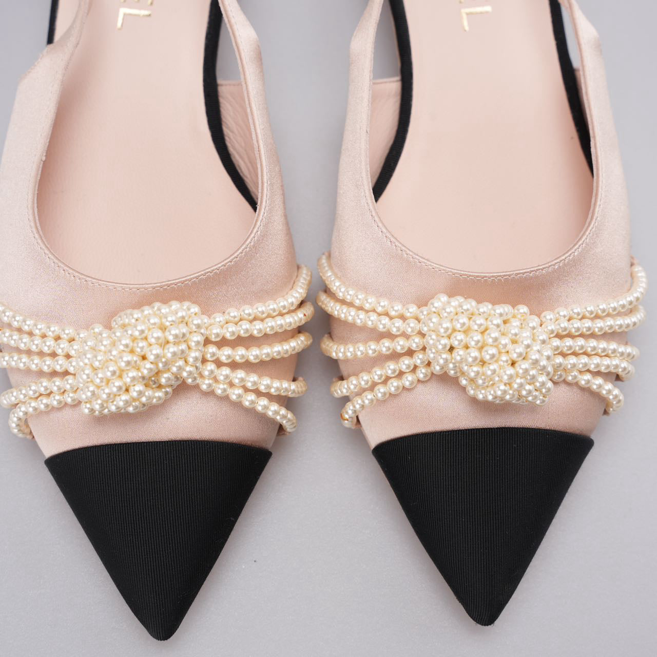 Chanel Satin Grosgrain Pearl Slingback Flats Pink/Black Size 38