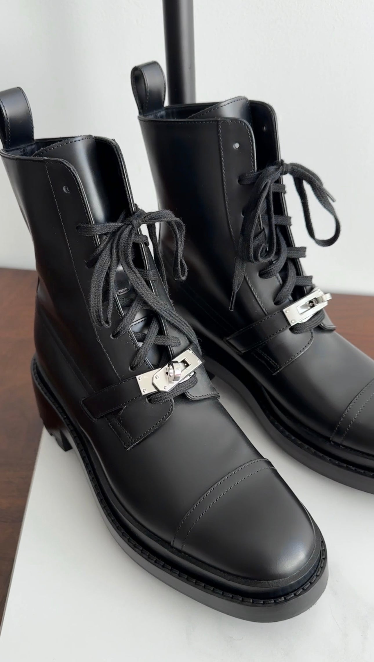 Hermes Black Glossed Leather Lace Up Funk Ankle Boot - USA 7