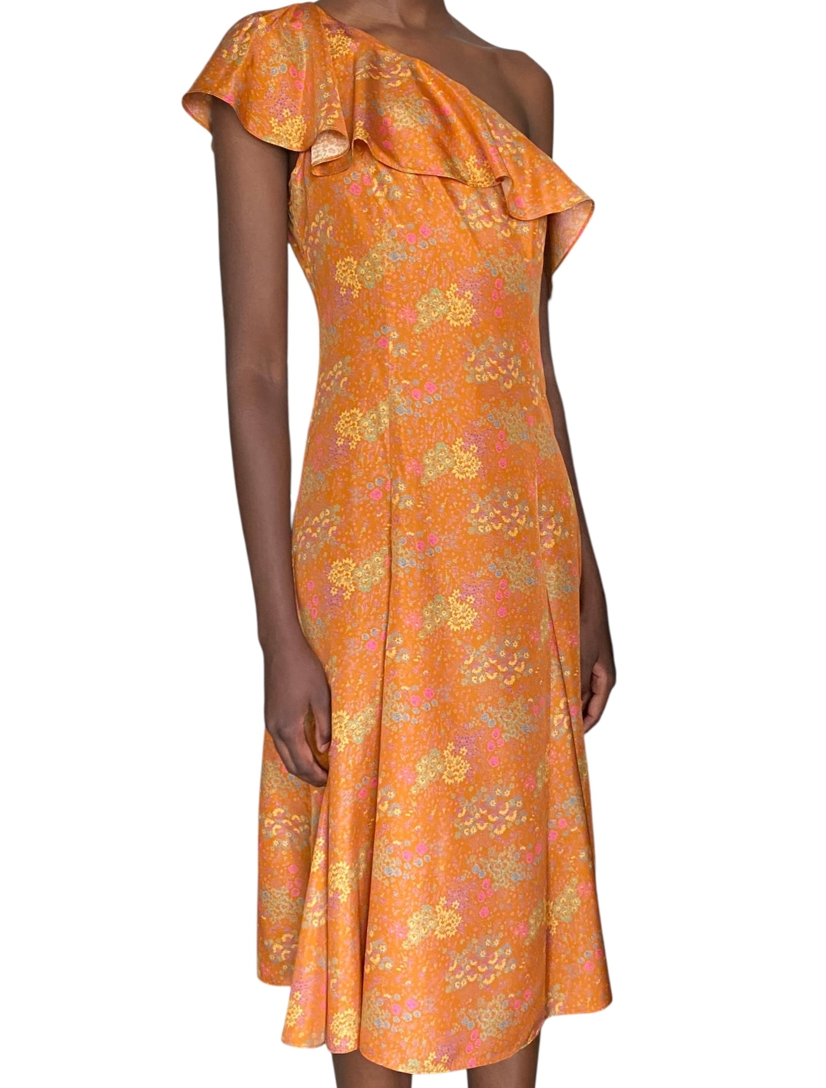 Rebecca Taylor Orange Silk Floral Printed Ruffle Dress - US 2