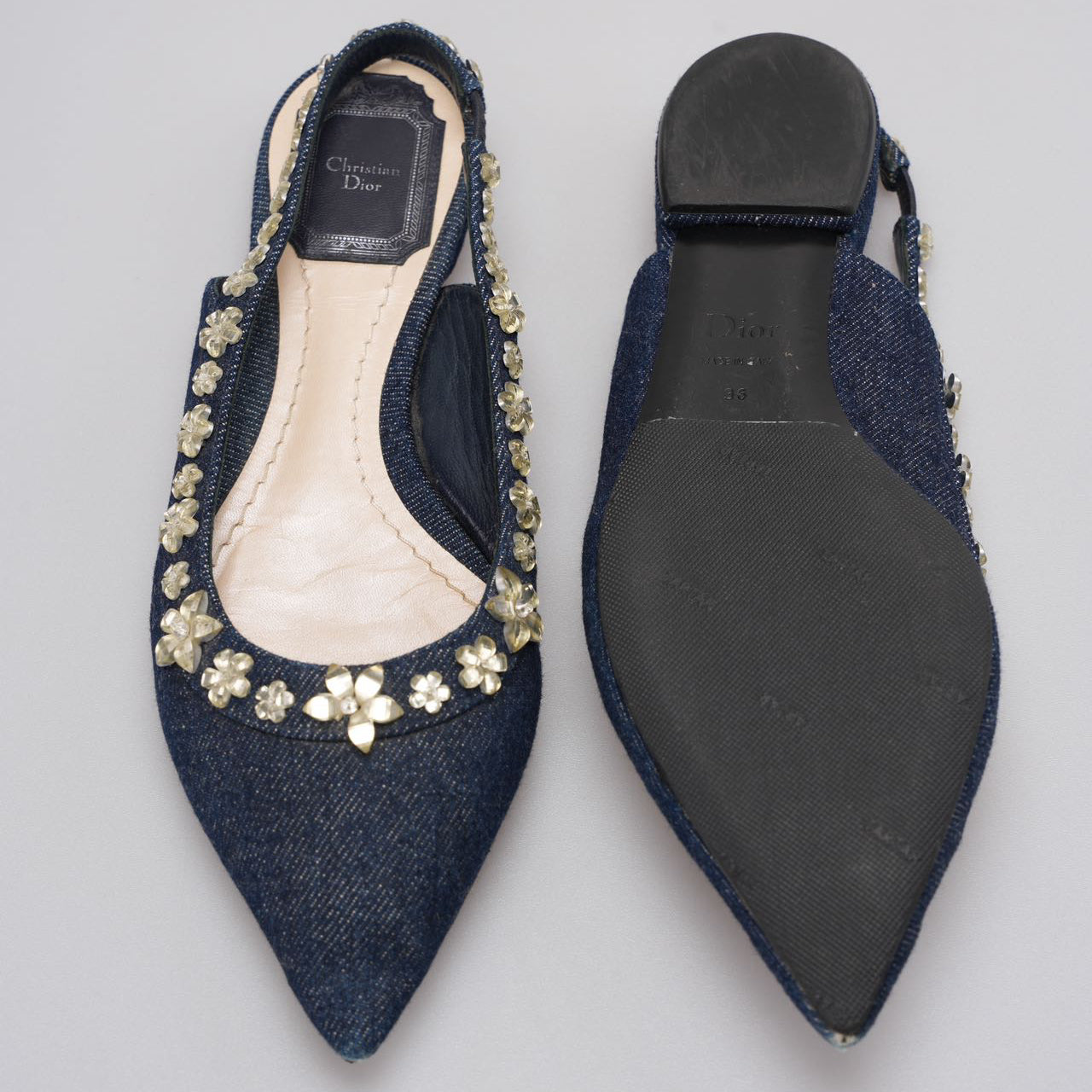 Christian Dior Denim Crystal Garland Slingback Flat Size 36