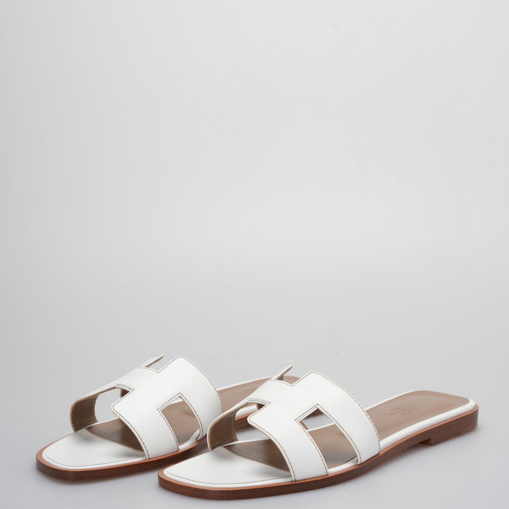 Hermes White Leather Oran Flats Sandals Size 36