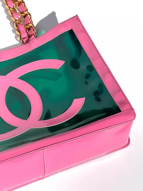Chanel 1995 Vintage Barbie Pink Patent PVC Chunky Chain Tote Bag