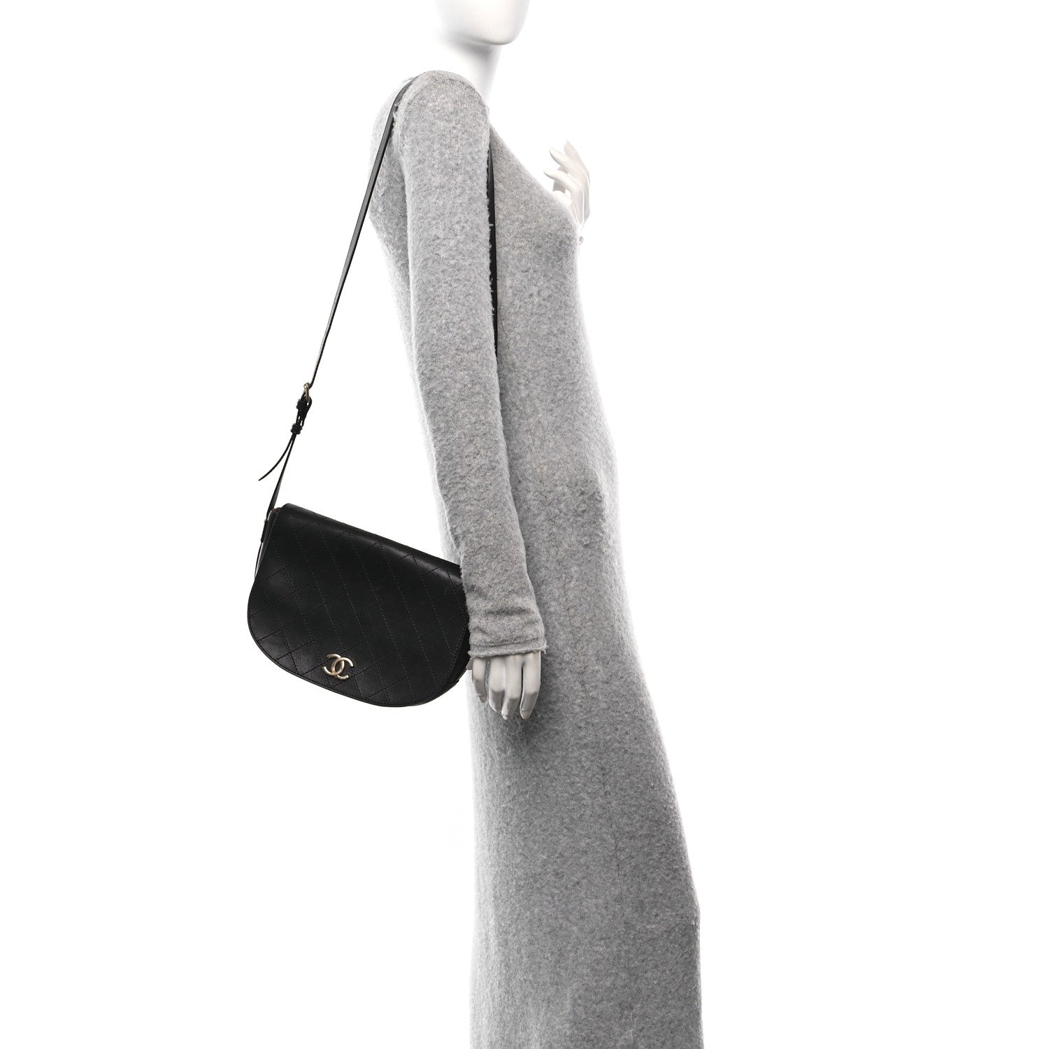 Calfskin Stitched Messenger Flap Bag Black