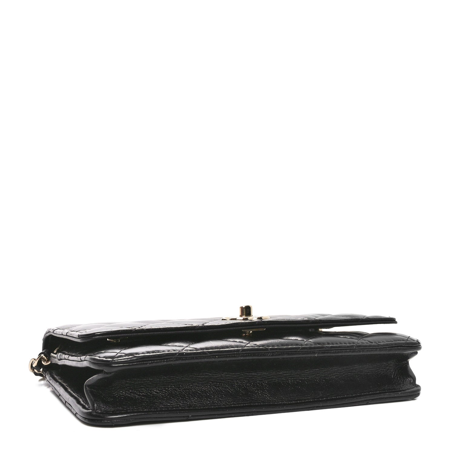 Shiny Aged Calfskin Enamel Logo Quilted Wallet On Chain WOC Black