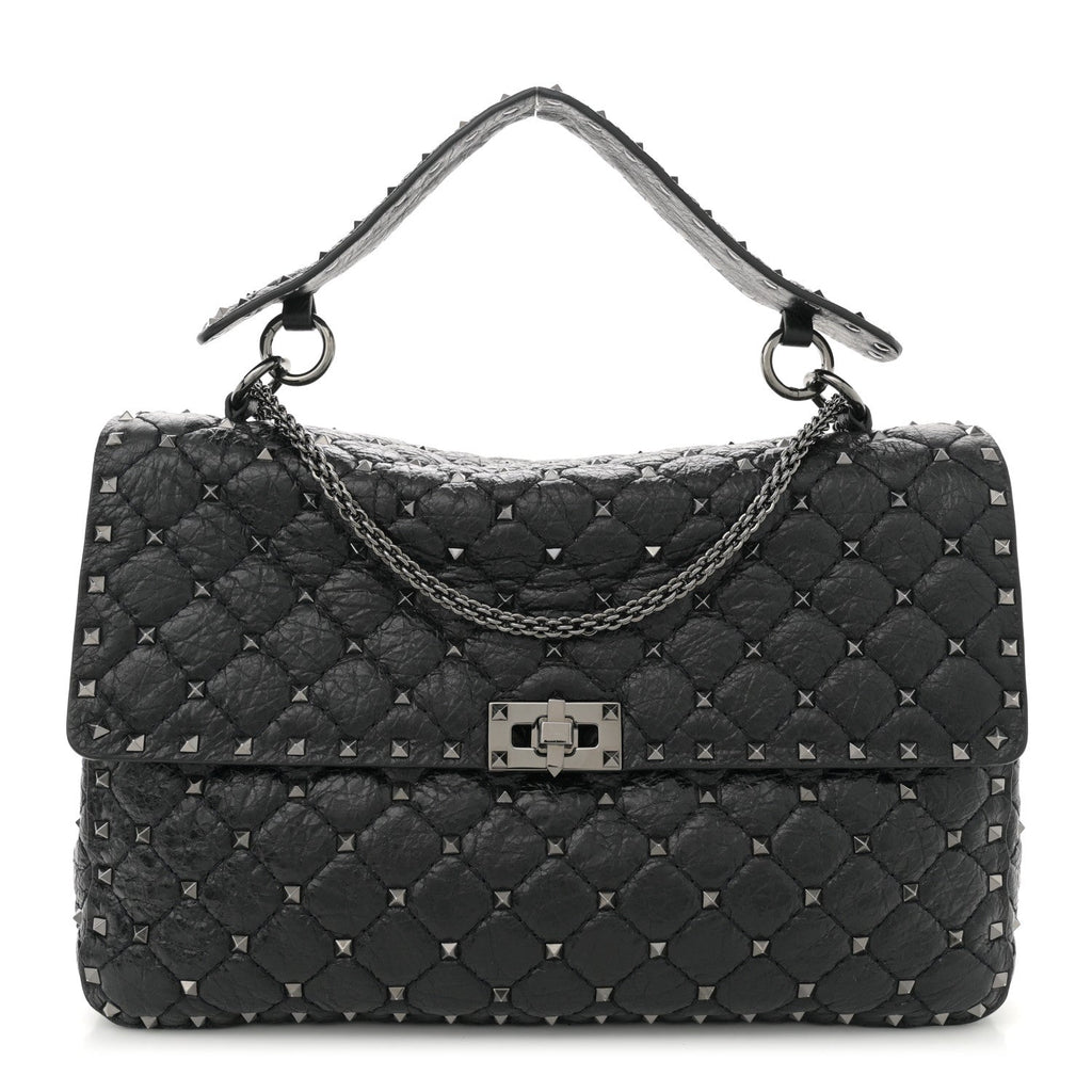 Craquele Nappa Large Rockstud Spike Shoulder Bag Black