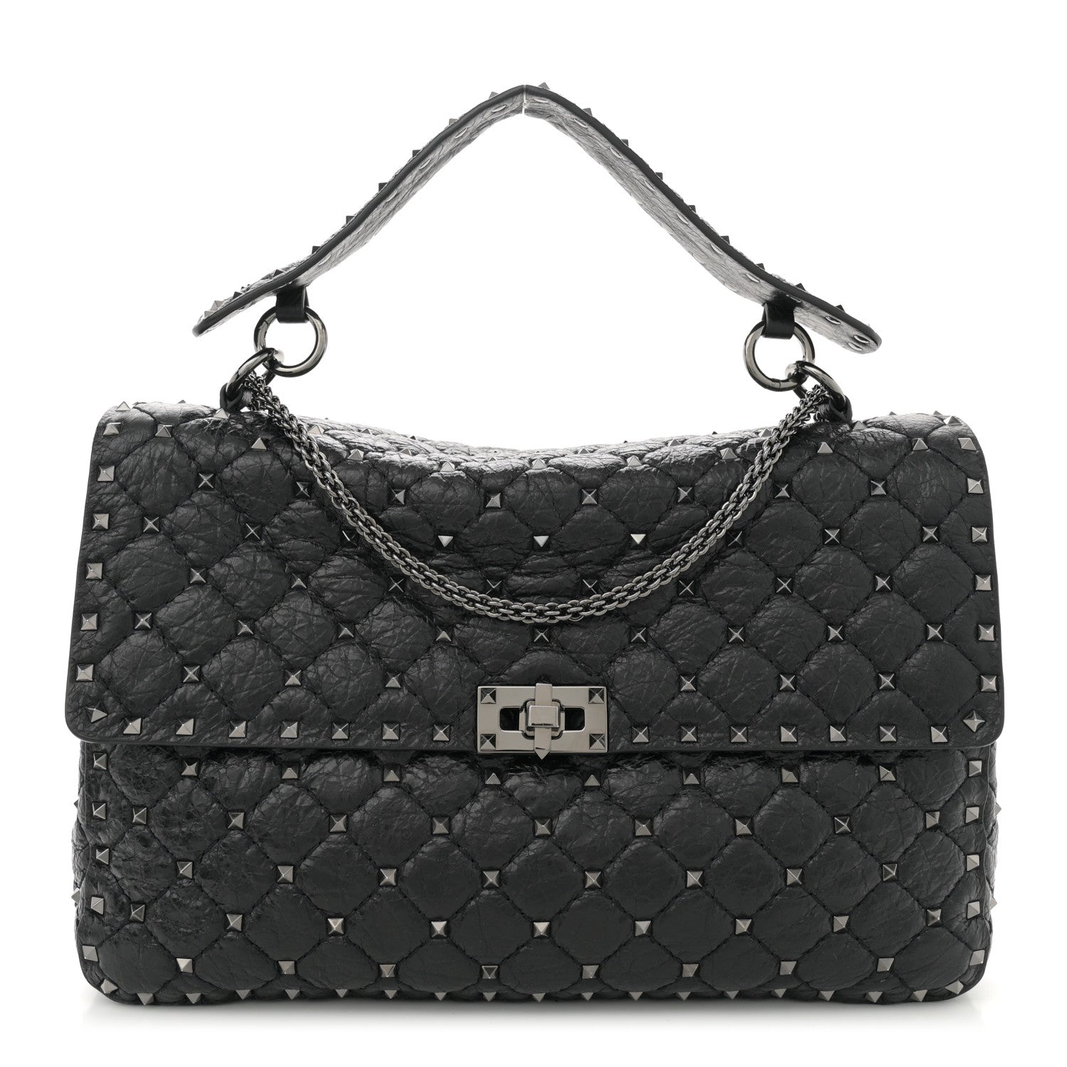 Craquele Nappa Large Rockstud Spike Shoulder Bag Black